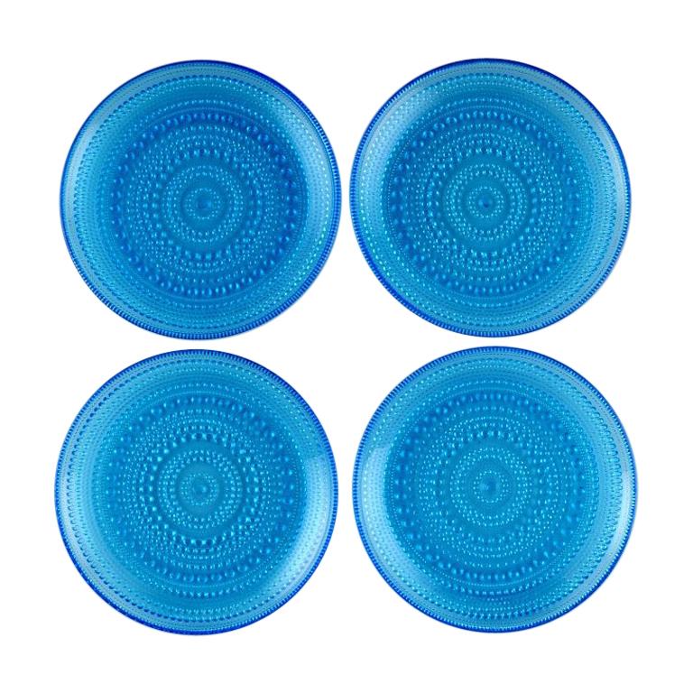 Oiva Toikka for Nuutajärvi, "Kastehelmi" Four Plates in Blue Art Glass