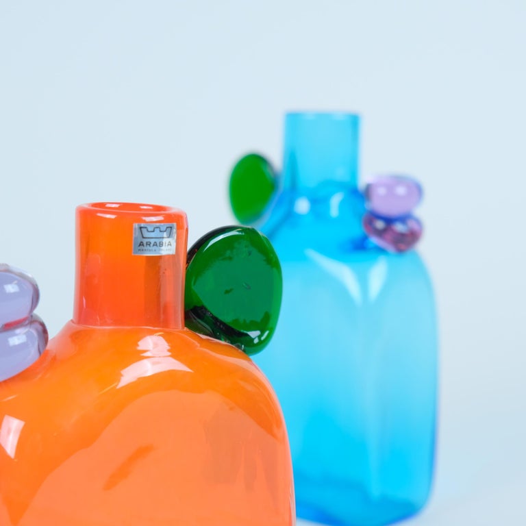 Oiva Toikka Orange, Green and Blue Pampula Glass Bottle Sculpture