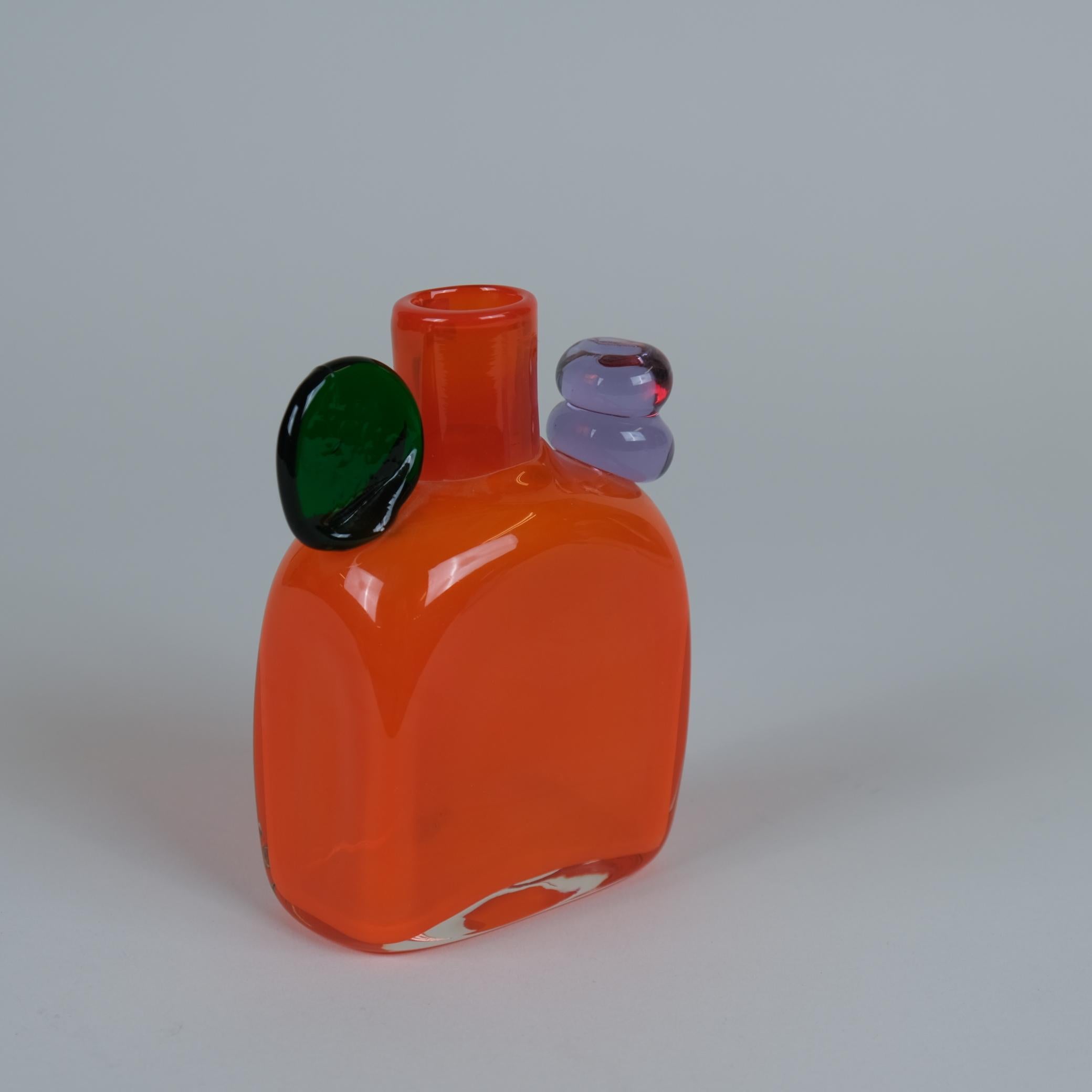 Scandinavian Modern Oiva Toikka Orange, Green & Blue Pampula Glass Bottle Sculpture Nuutajärvi 1970s For Sale