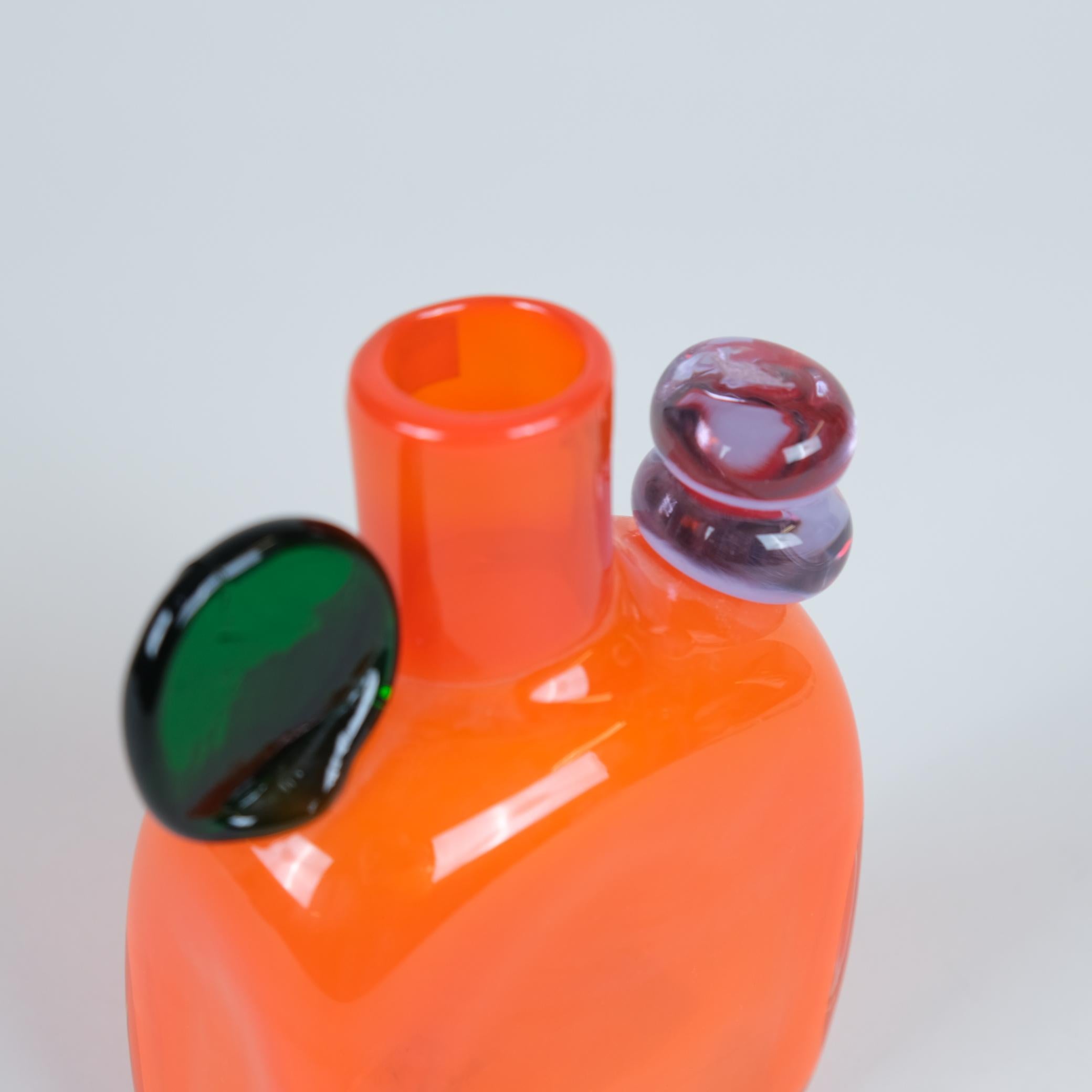 Finnish Oiva Toikka Orange, Green & Blue Pampula Glass Bottle Sculpture Nuutajärvi 1970s For Sale