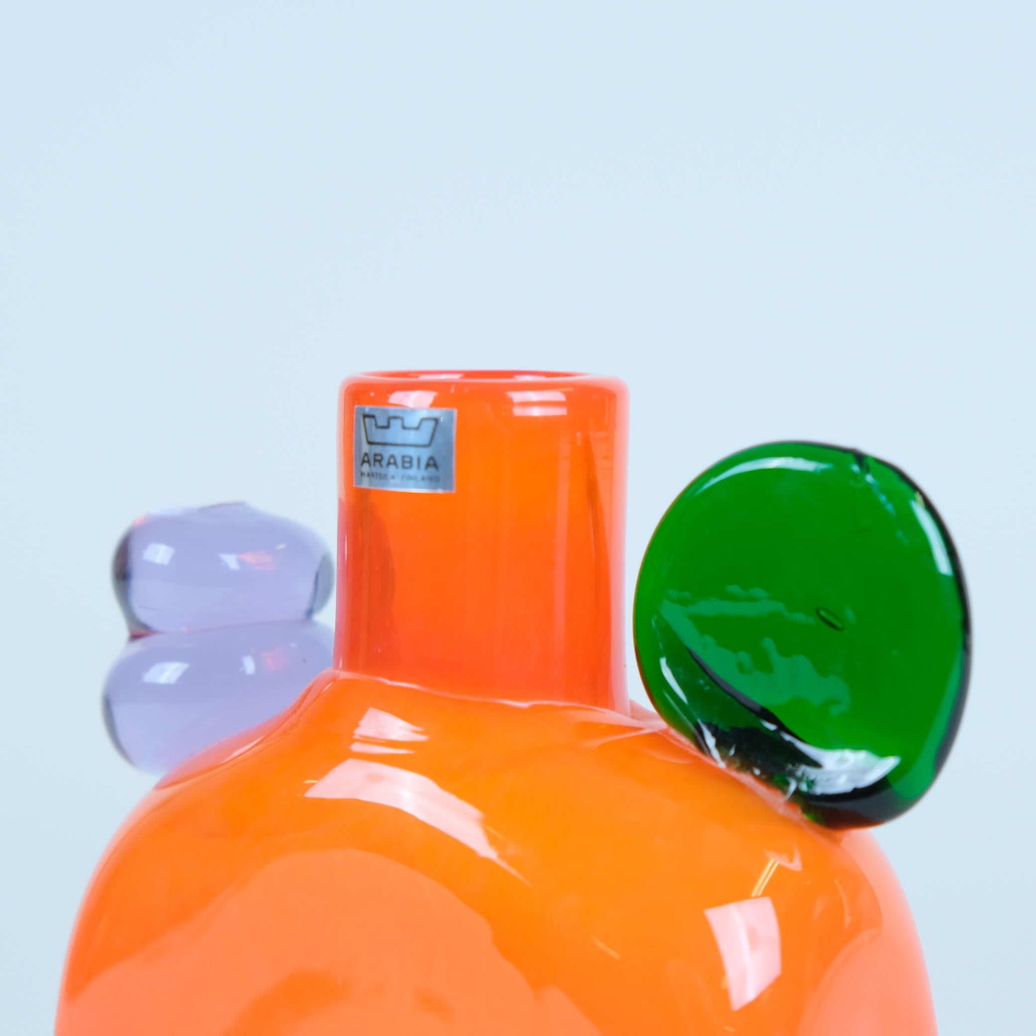 Oiva Toikka Orange, Green & Blue Pampula Glass Bottle Sculpture Nuutajärvi 1970s In Good Condition For Sale In Helsinki, FI