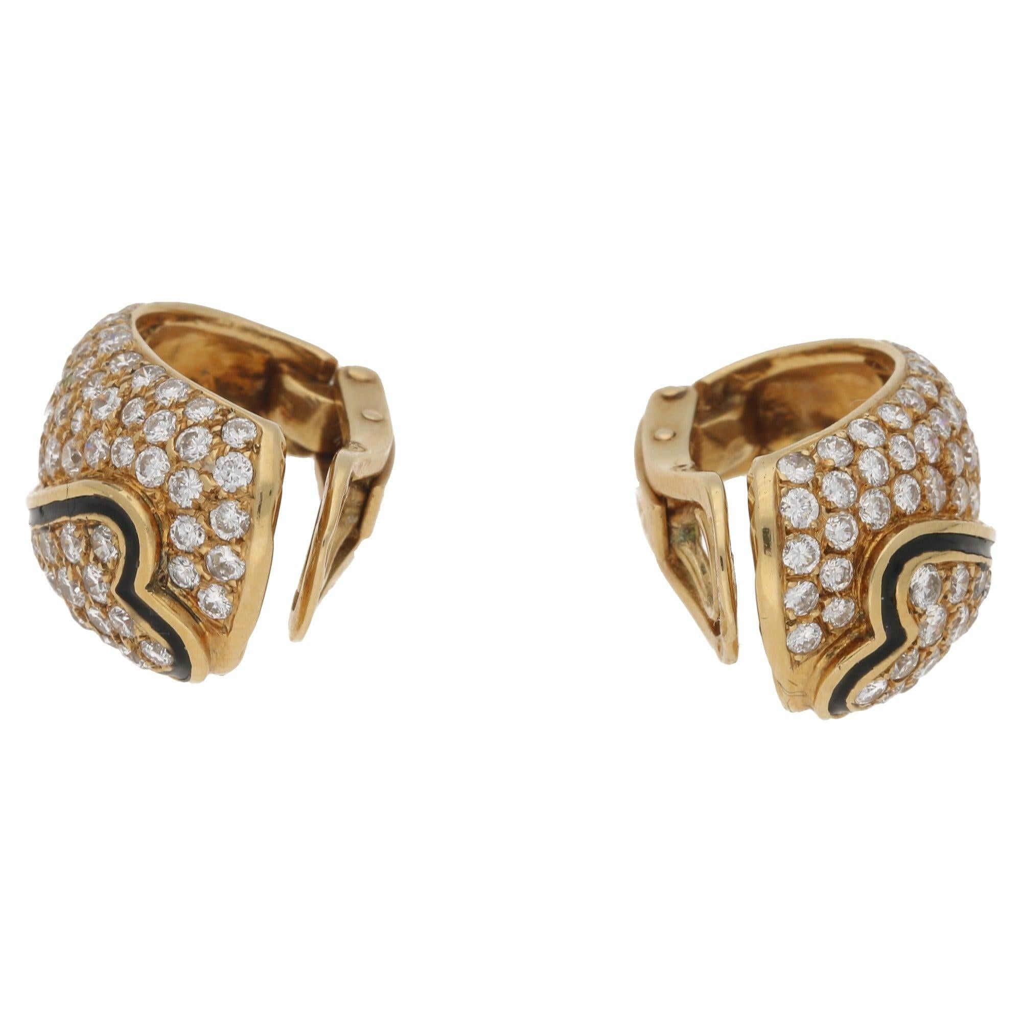 Round Cut OJ Perrin Black Enamel Heart and Diamond Hoop Earrings in 18 Karat Yellow Gold