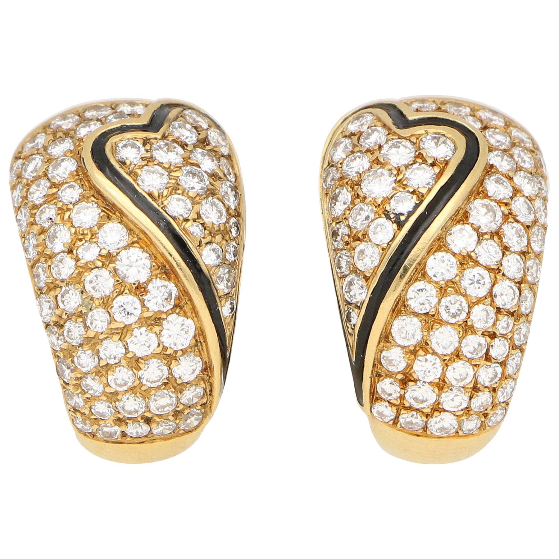 OJ Perrin Black Enamel Heart and Diamond Hoop Earrings in 18 Karat Yellow Gold
