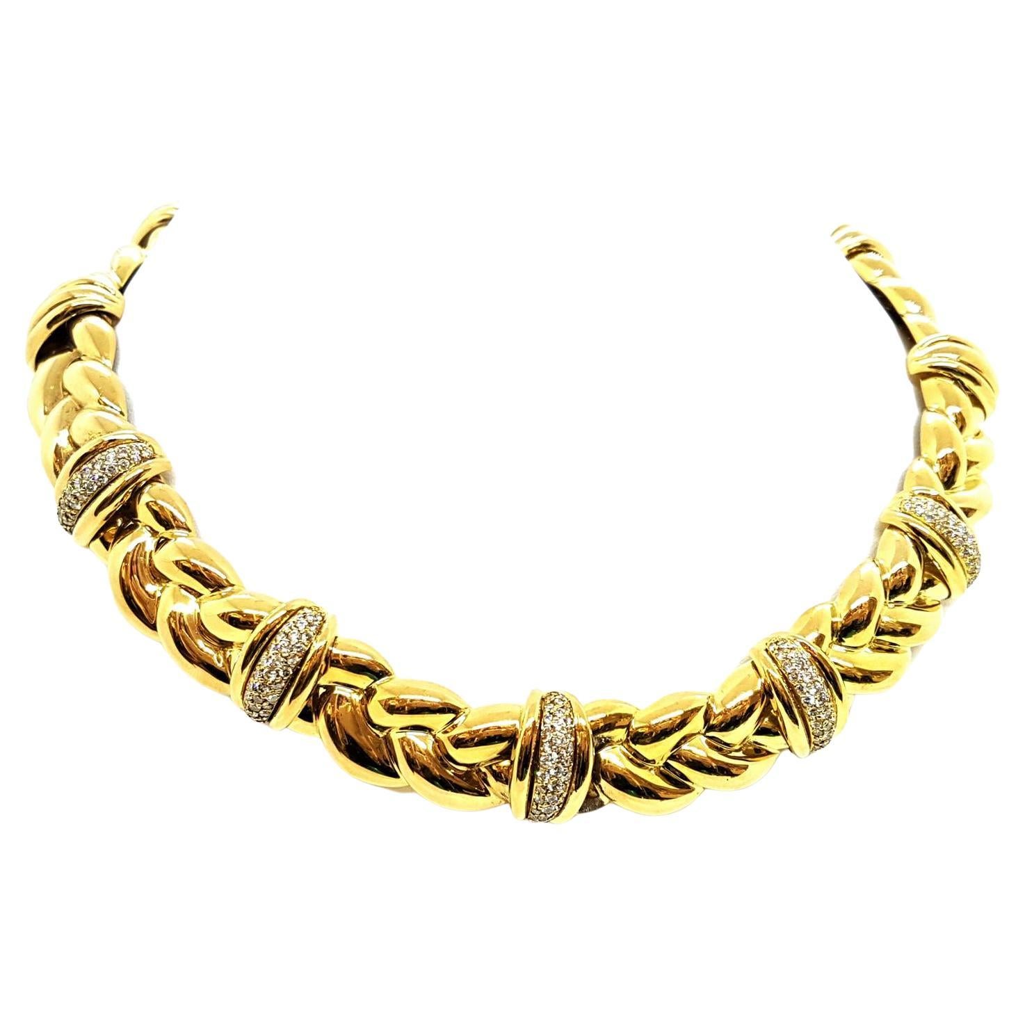 O.J. Perrin Chain Necklace Tressé Yellow GoldDiamond For Sale