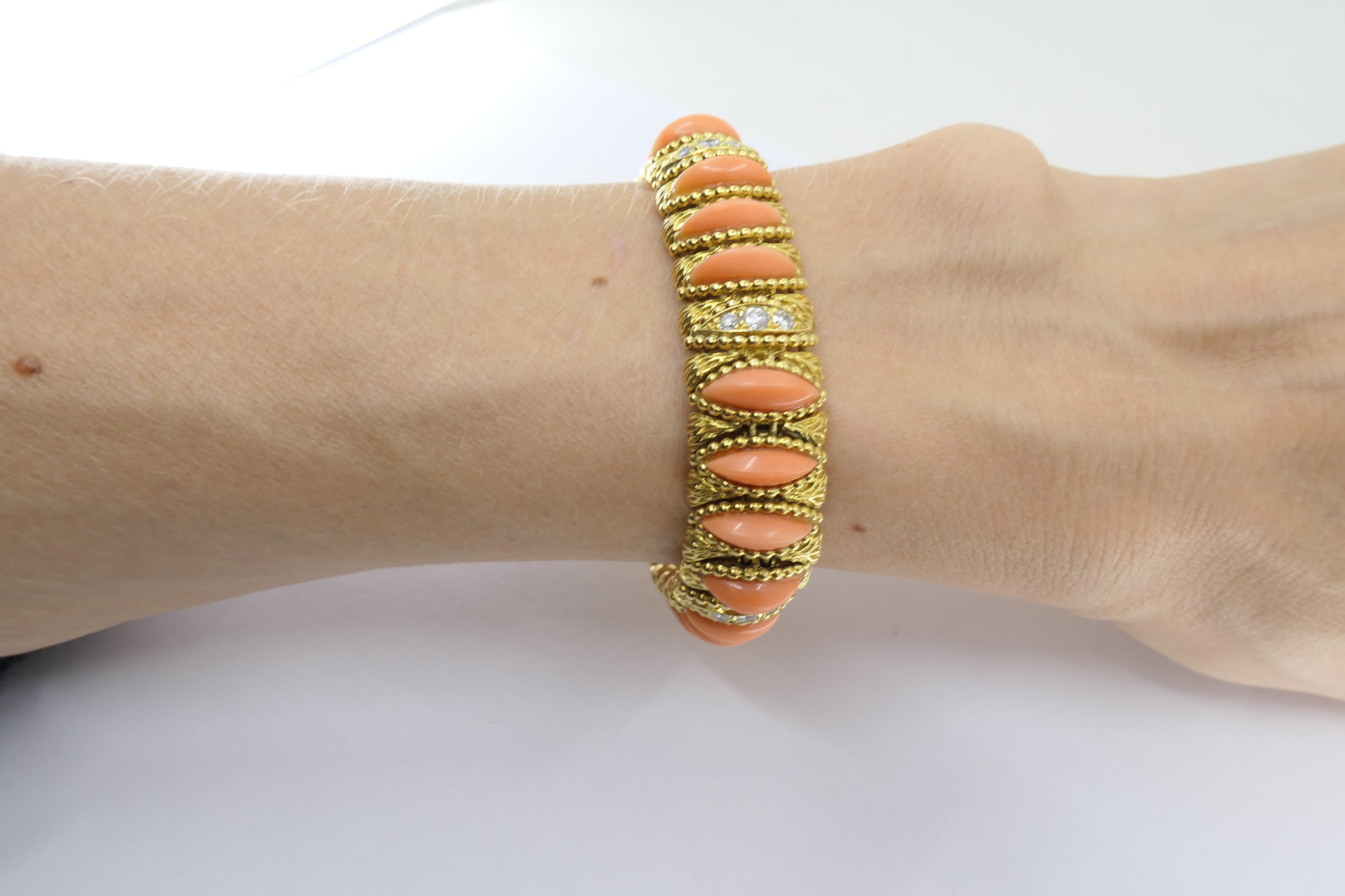 Marquise Cut O.J. Perrin Coral Diamond Bracelet Vintage 18k Gold