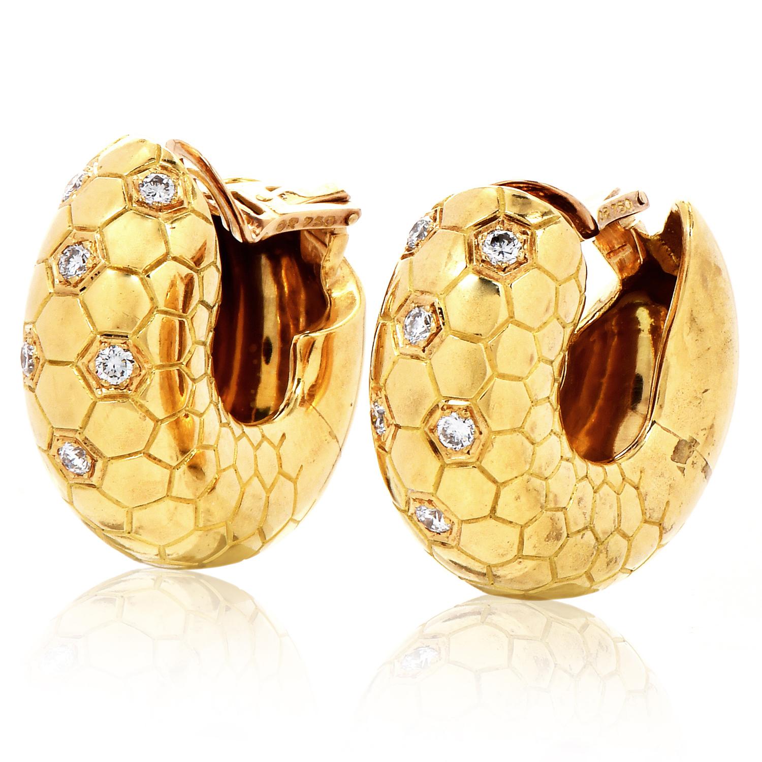 Round Cut O.J. Perrin Diamond 18k Yellow Gold Scales French Hoop Earrings For Sale