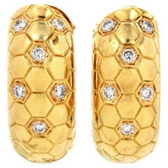 Retro O.J. Perrin Diamond 18k Yellow Gold Scales French Hoop Earrings