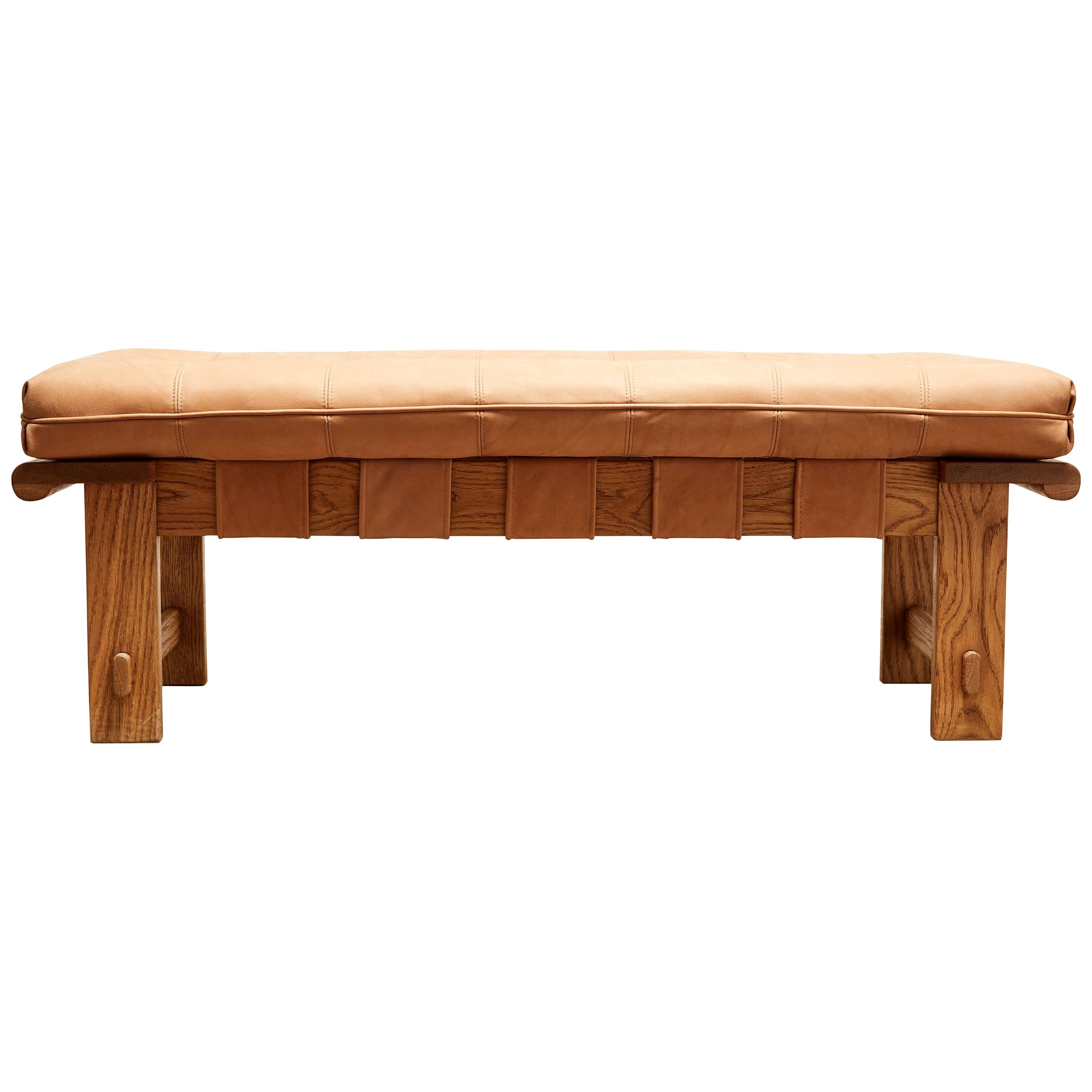Tan Leather and Oiled Oak Ojai Bench by Lawson-Fenning