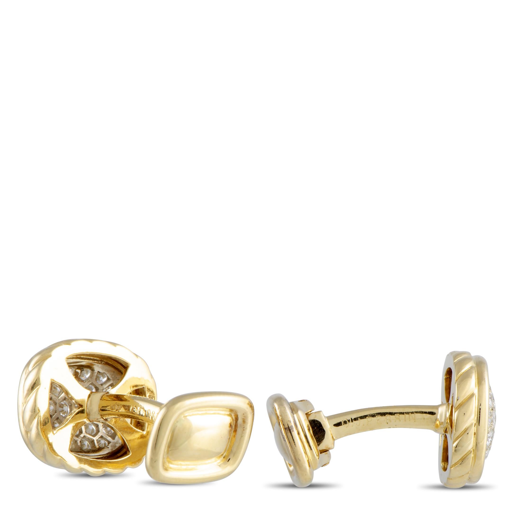 These O.J.Perrin cufflinks are made of 18K yellow gold and each of the two weighs 9.7 grams for a total weight of 19.4 grams. The cufflinks measure 0.60” by 0.50” and are set with a total of 1.80 carats of diamonds boasting grade G color and VVS
