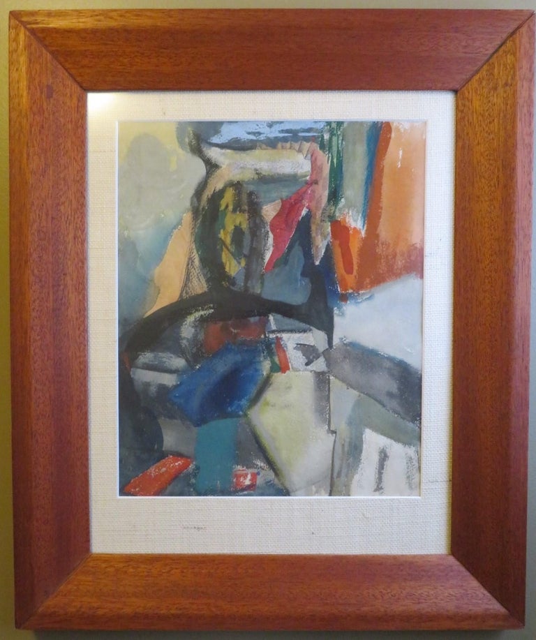 Mid-Century Modern framed Abstract painting Casein on Paper by New York Artist 1950s. Though unsigned, one can tell that an accomplished painter created this work. Re-framed with a vintage frame, acid free materials and non-glare acrylic.  The