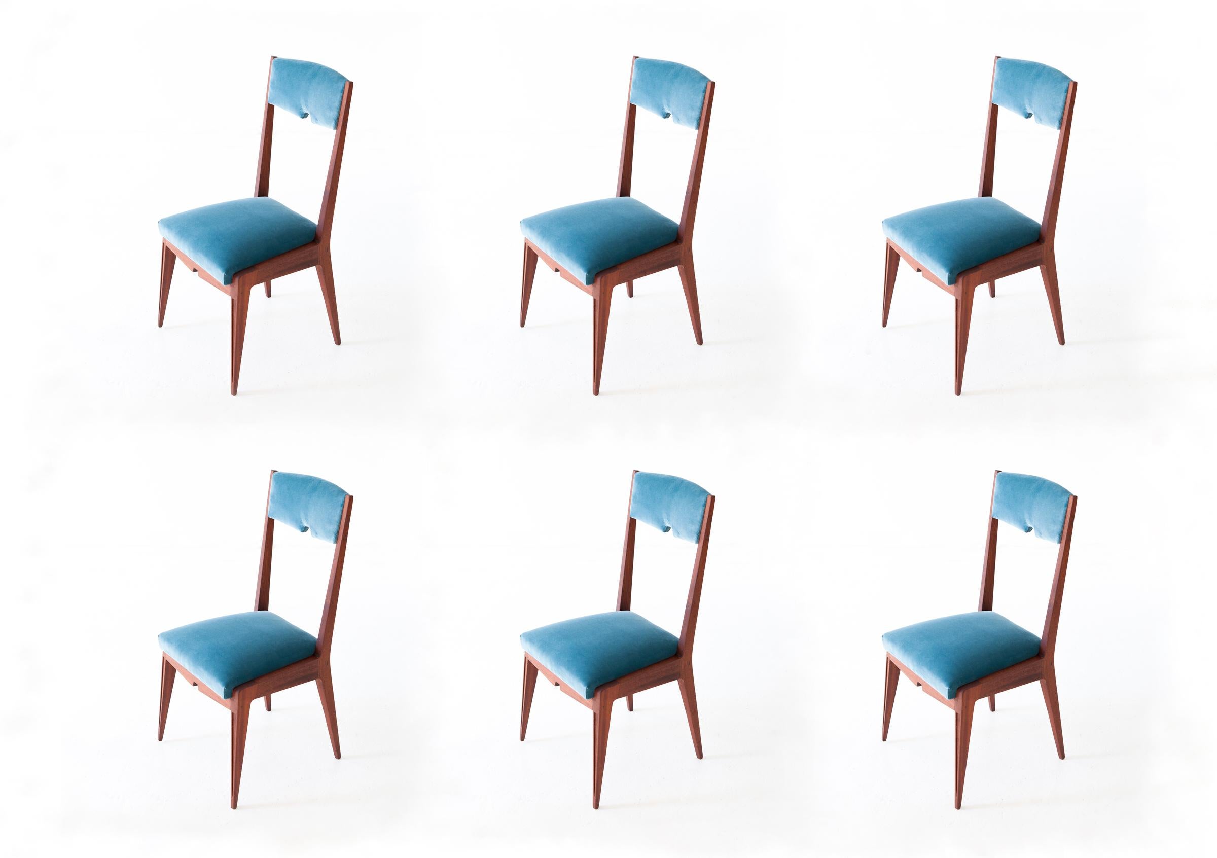 Set of Six Italian Mahogany and Blue Velvet Dining Chairs, 1950s 5