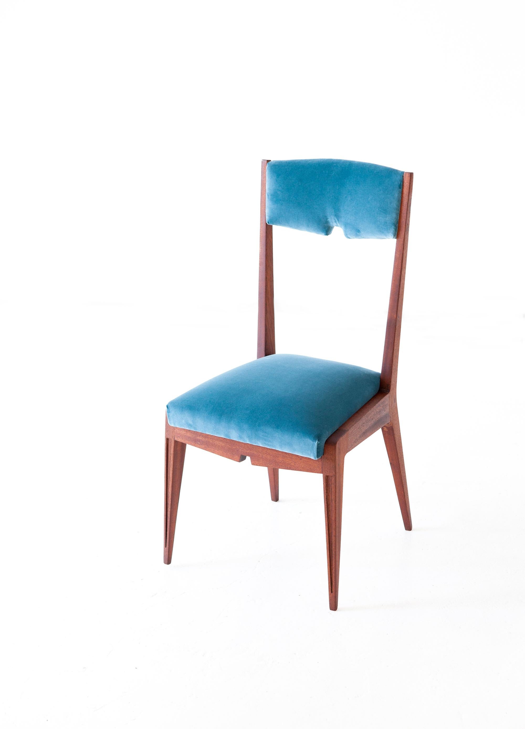 Mid-20th Century Set of Six Italian Mahogany and Blue Velvet Dining Chairs, 1950s