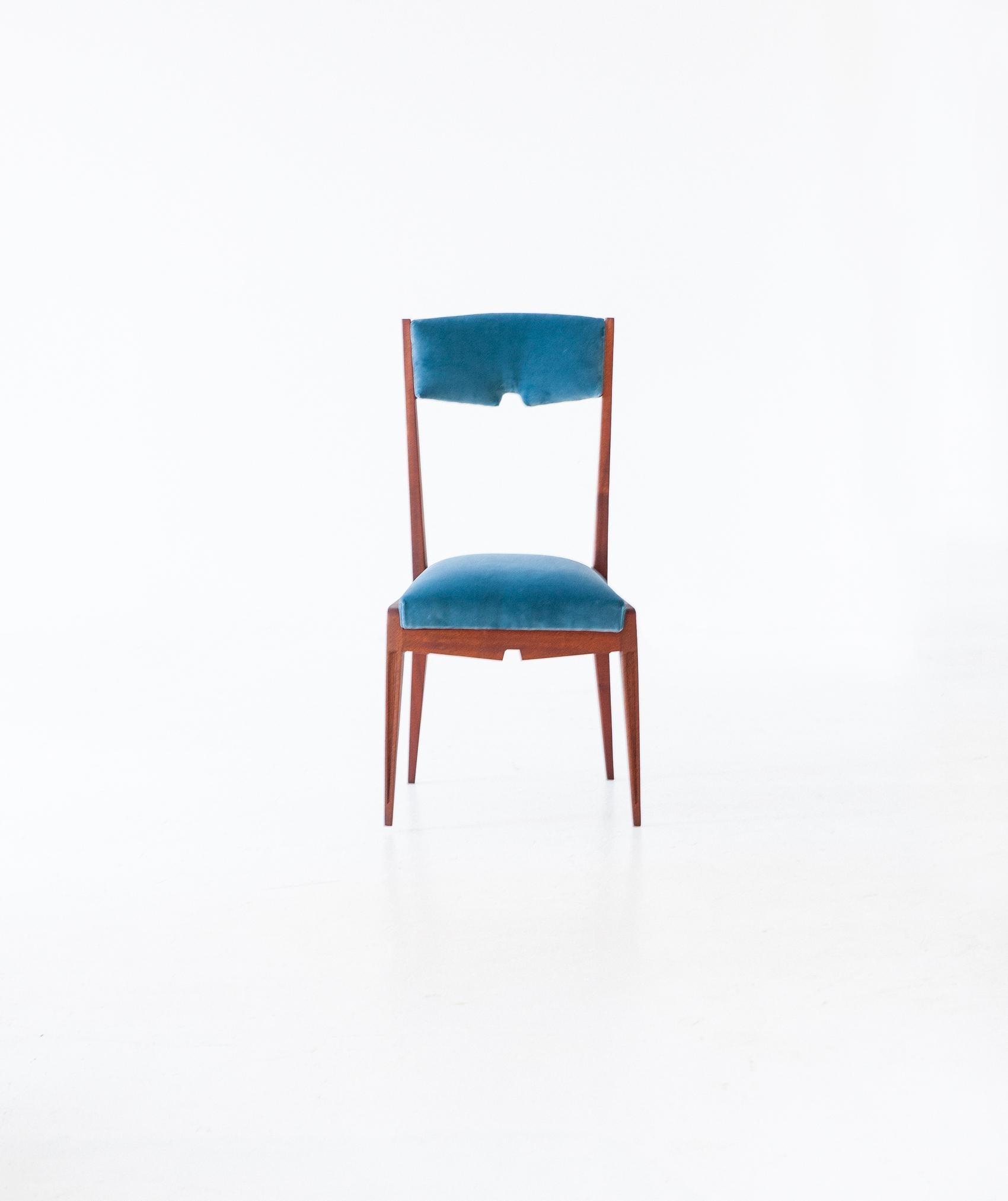 Set of Six Italian Mahogany and Blue Velvet Dining Chairs, 1950s 2