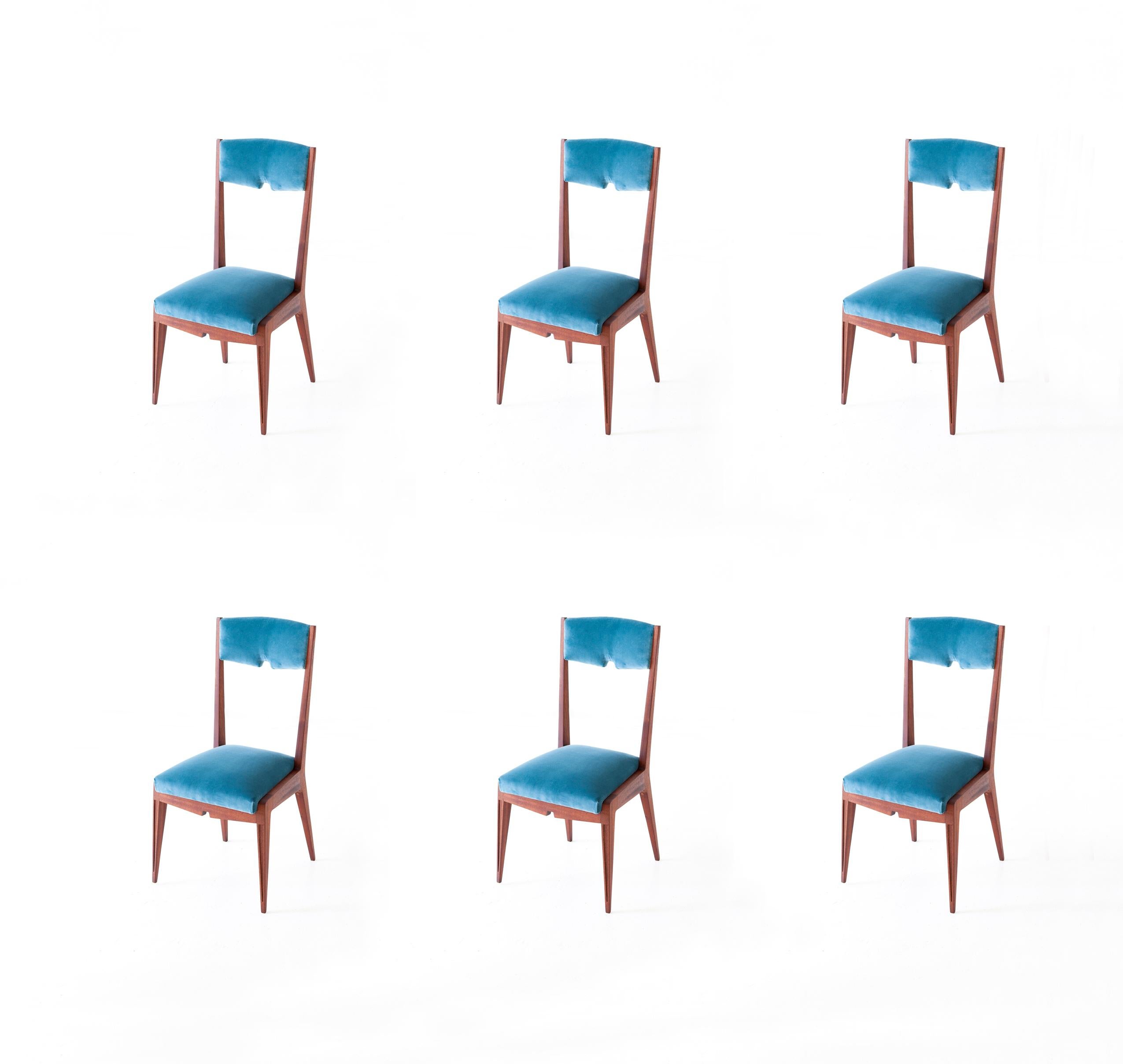 Set of Six Italian Mahogany and Blue Velvet Dining Chairs, 1950s 3