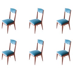 Set of Six Italian Mahogany and Blue Velvet Dining Chairs, 1950s