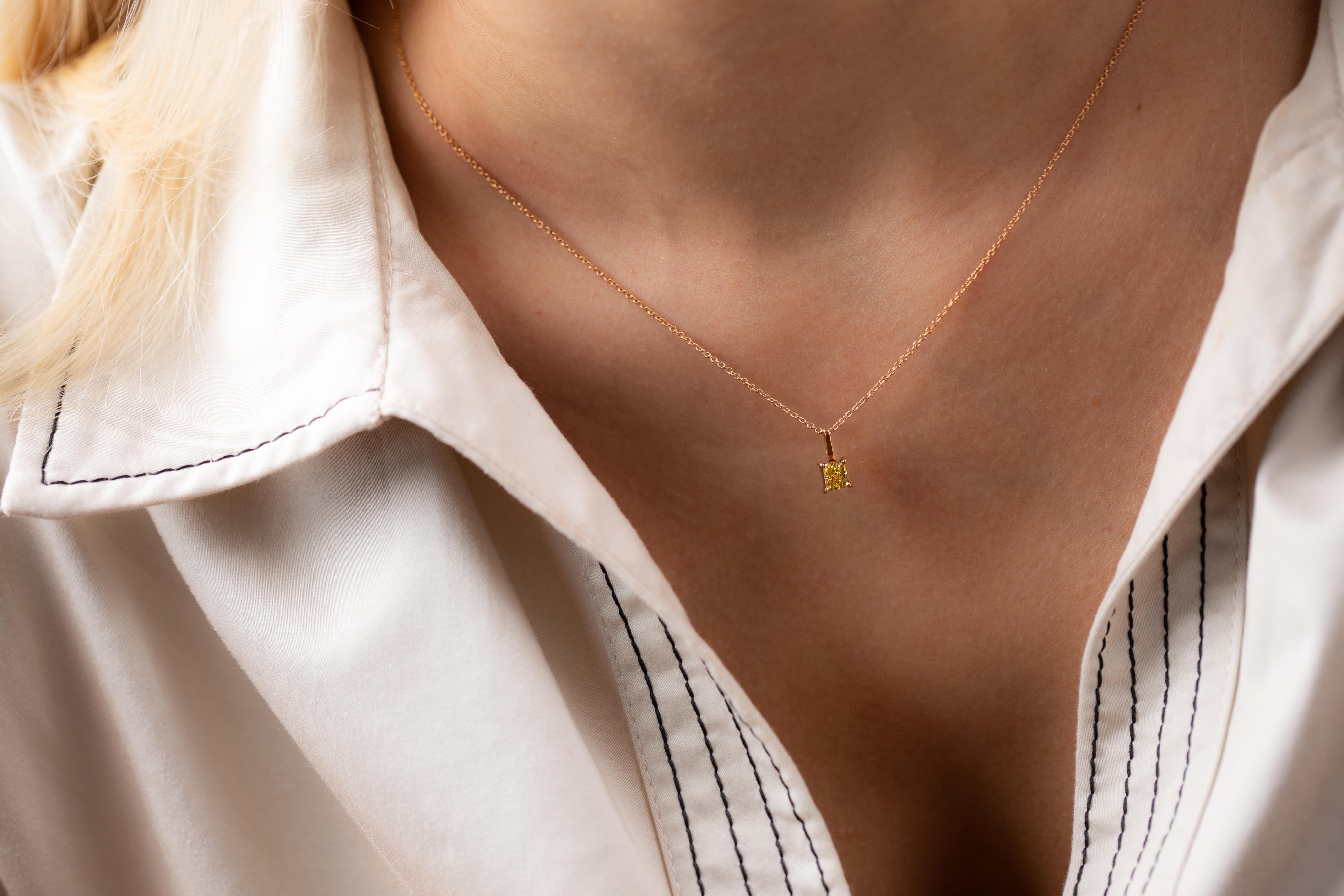 18K yellow gold solitaire elegant pendant is from Timeless Collection. The pendant is in princess cut yellow diamonds 0.7 Carat. The yellow gold chain is 45 cm long. Total metal weight is 2.42 gr. Perfect for any occasion! 

The Timeless Collection