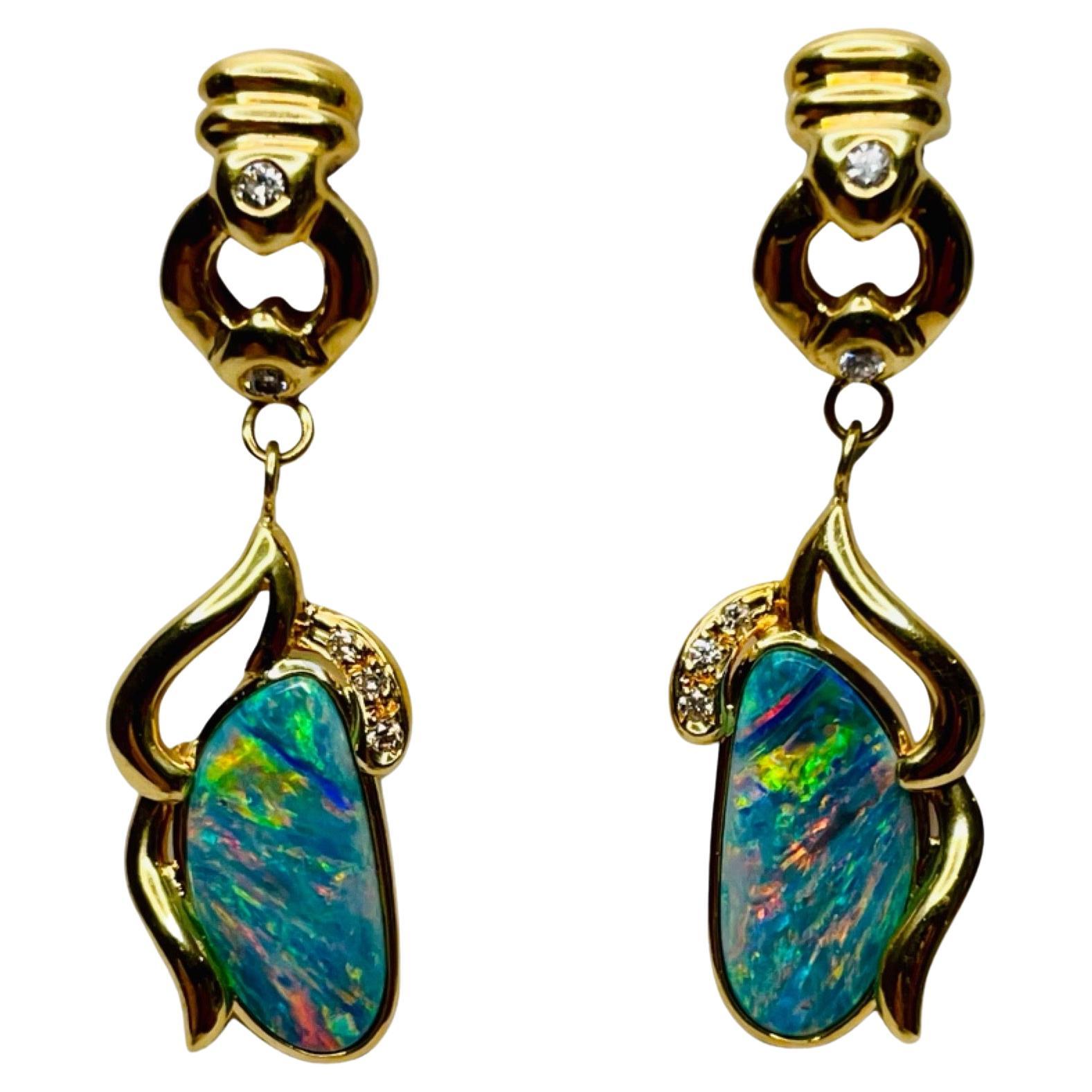 Okada 18K Yellow Gold Opal Doublet Diamond Earring For Sale