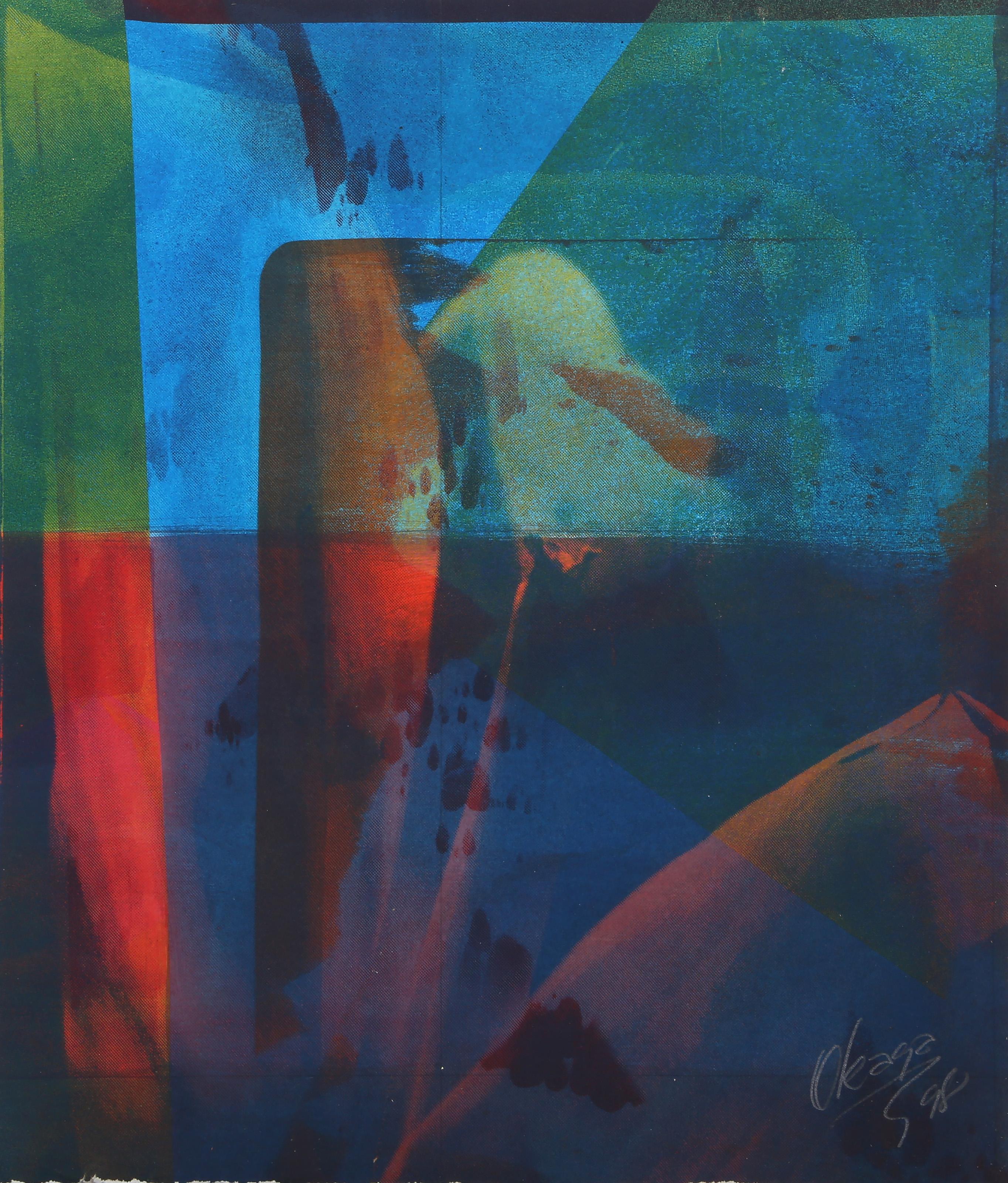 Okaga - Rote, blaue und grüne Komposition, Jahr:  1998, Medium:  Siebdruck Monoprint, signiert und datiert mit Bleistift, Größe:  13 x 11.25 in. (33.02 x 28.58 cm)
