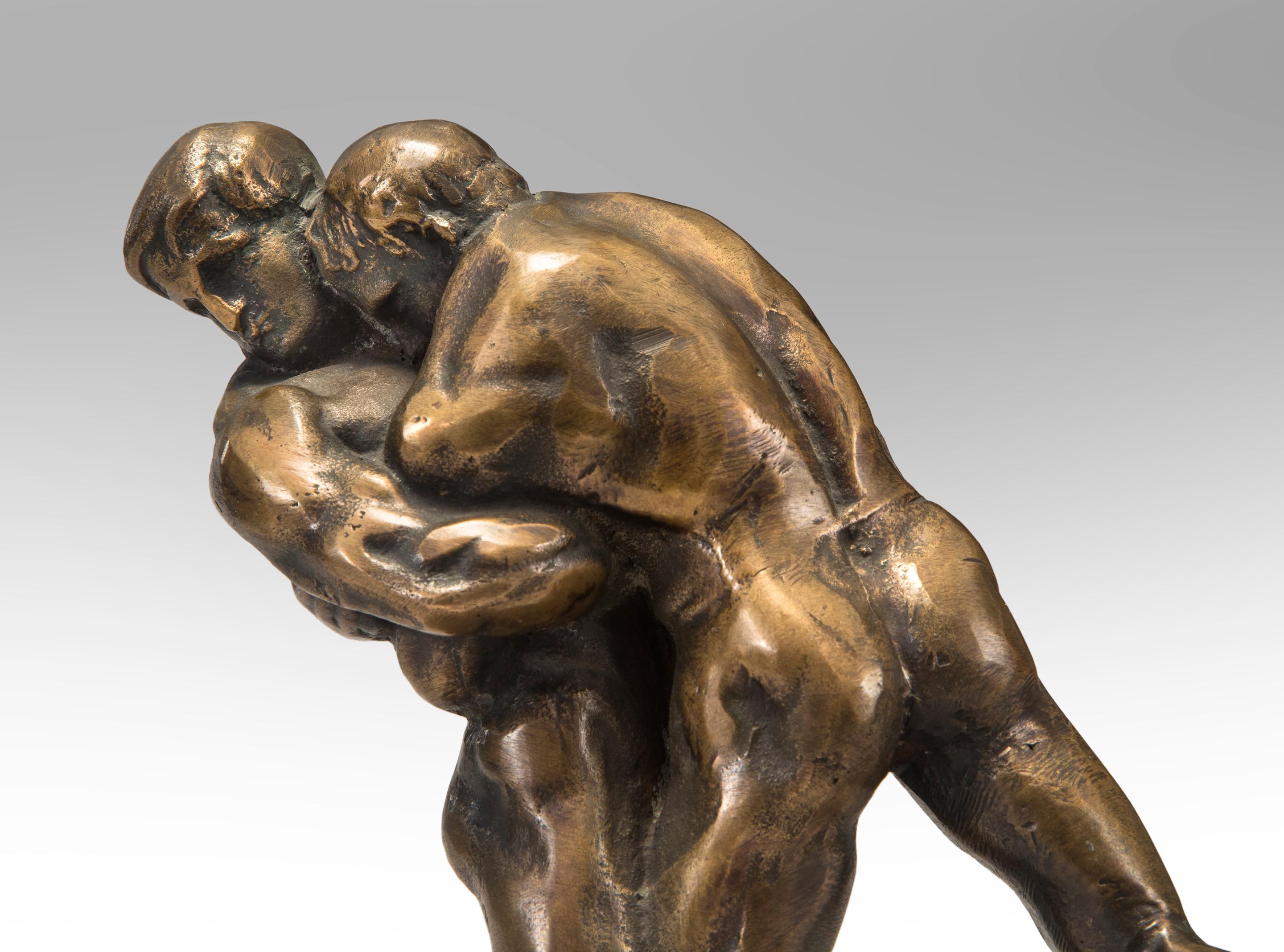 Okänd Konstnär, Swedish patinated bronze sculpture of Wrestlers
early 20th century
Depicting two male wrestlers locked in combat. The richly patinated bronze highlighted by contrasting tonalities.