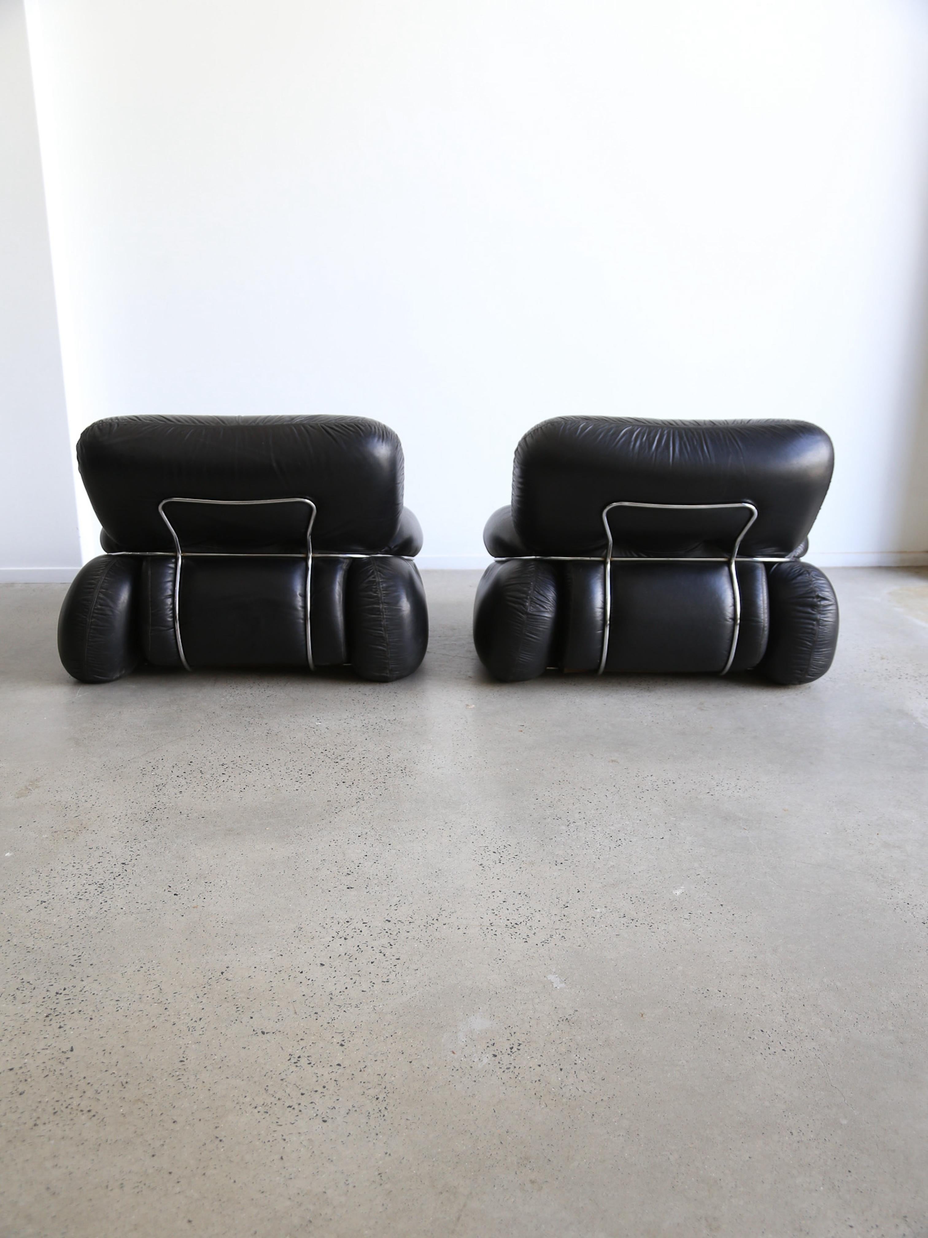 Poltrone Okay di Adriano Piazzesi in pelle nera e cromo degli anni '70 in vendita 4