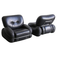 Okay Armchairs by Adriano Piazzesi In Balck Leather and Chrome 1970s