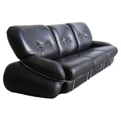 Okay Three Seater Sofa by Adriano Piazzesi In Balck Leather and Chrome 1970s