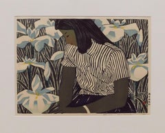 Okiie Hashimoto Color woodblock, 1952. "Girl with Irises"