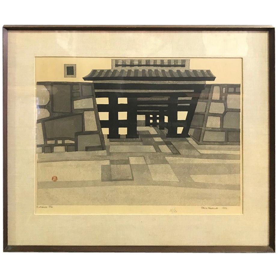 Okiie Hashimoto Limited Edition Japanese Woodblock Print of Temple Entance