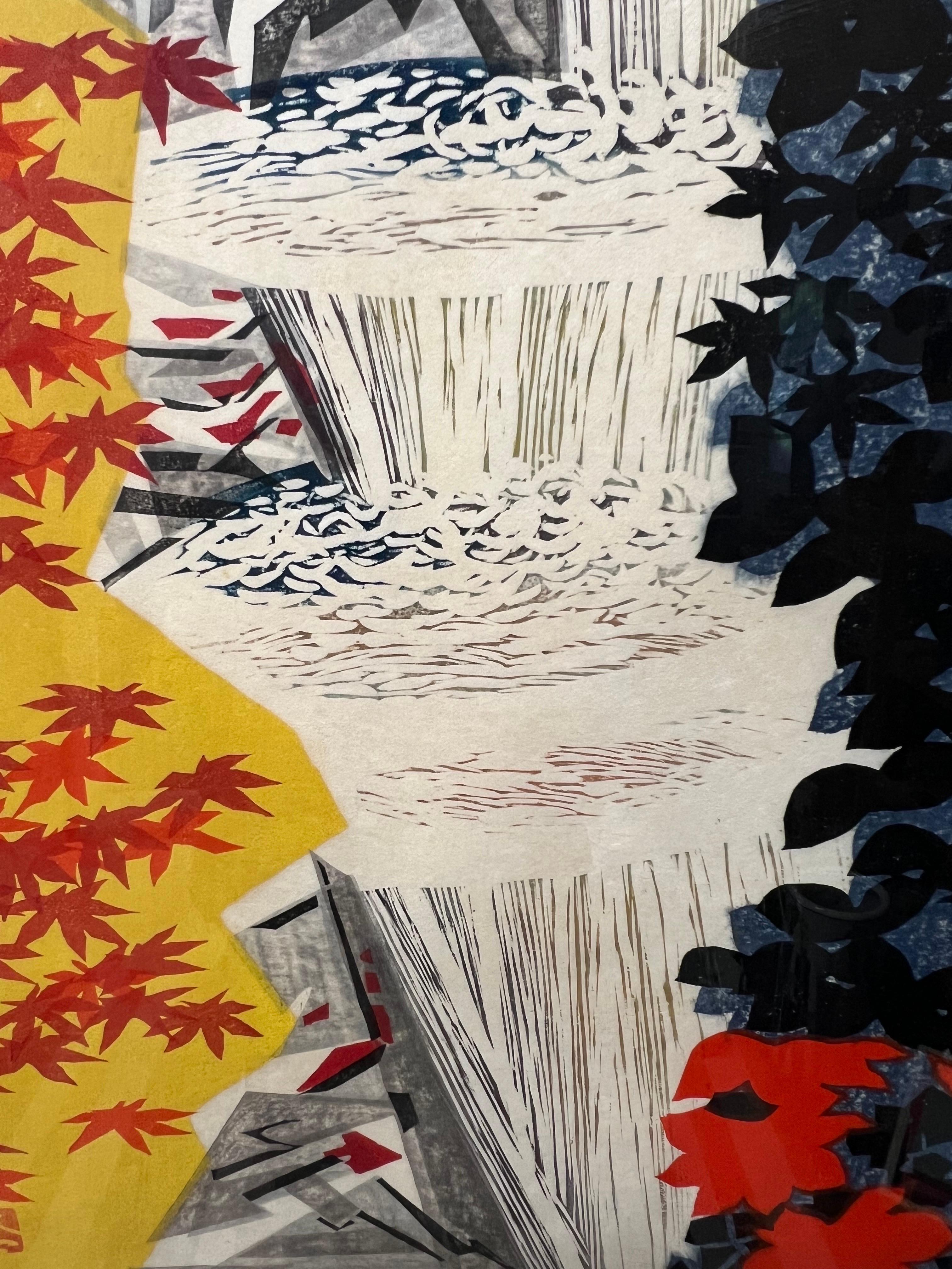 Okiie Hashimoto 'Waterfall'Woodblock c1969 Japan  In Excellent Condition For Sale In Oakland, CA