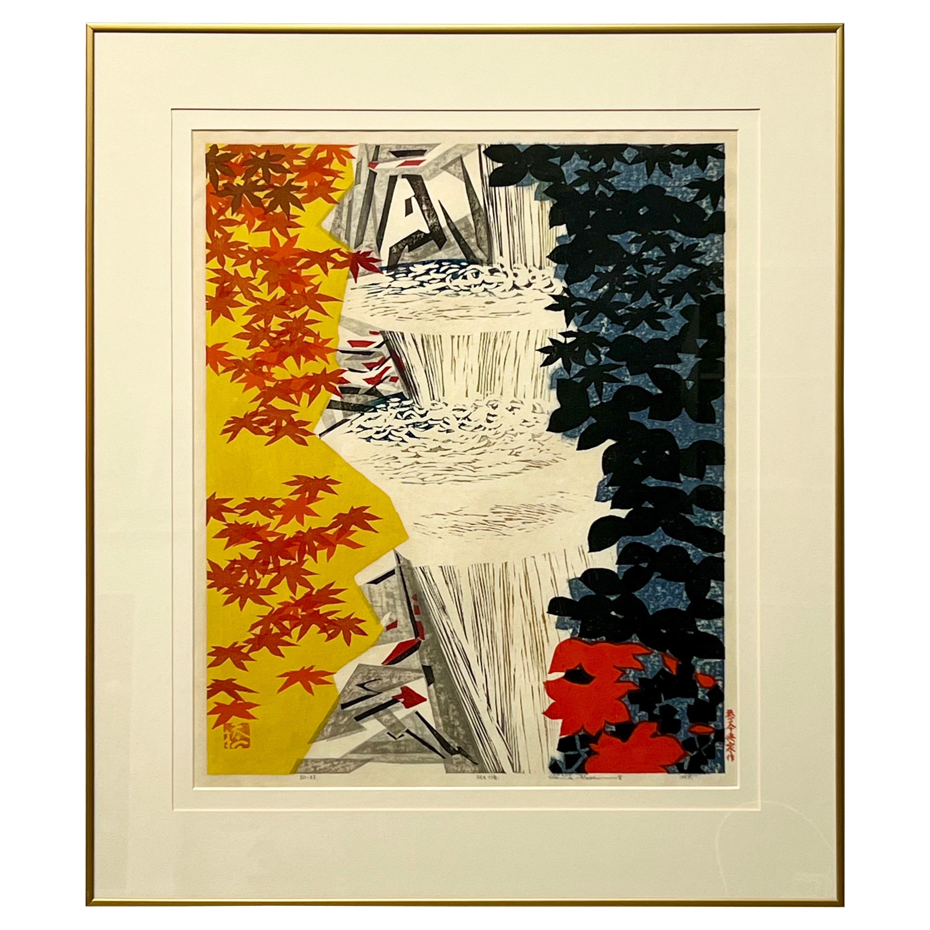 Okiie Hashimoto 'Waterfall'Woodblock c1969 Japan