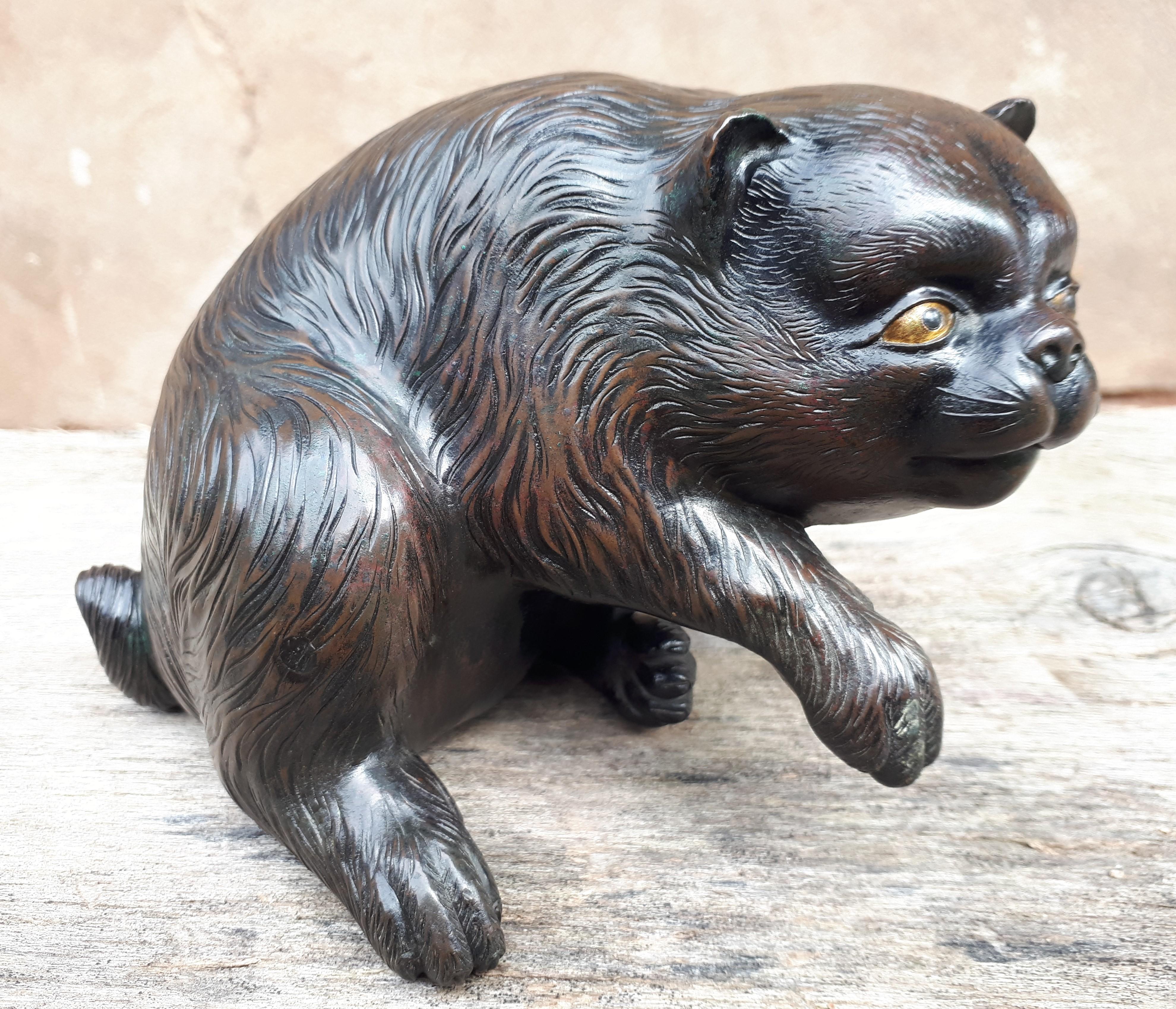 Patinated Okimono - Bronze sculpture of a puppy, by Munechika, Japan Meiji Era For Sale
