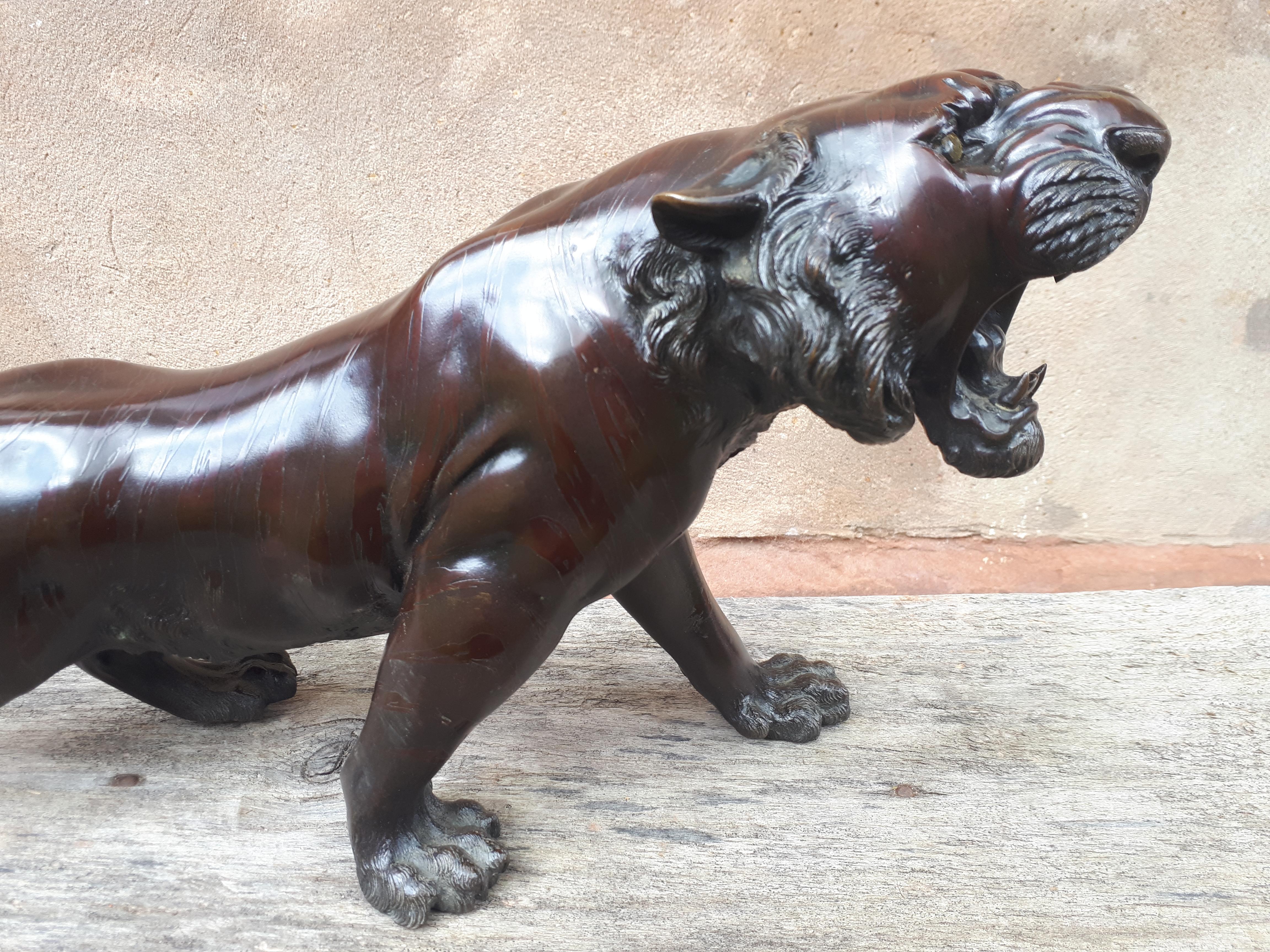Okimono - Escultura de bronce de un tigre, Japón Era Meiji Japonés en venta