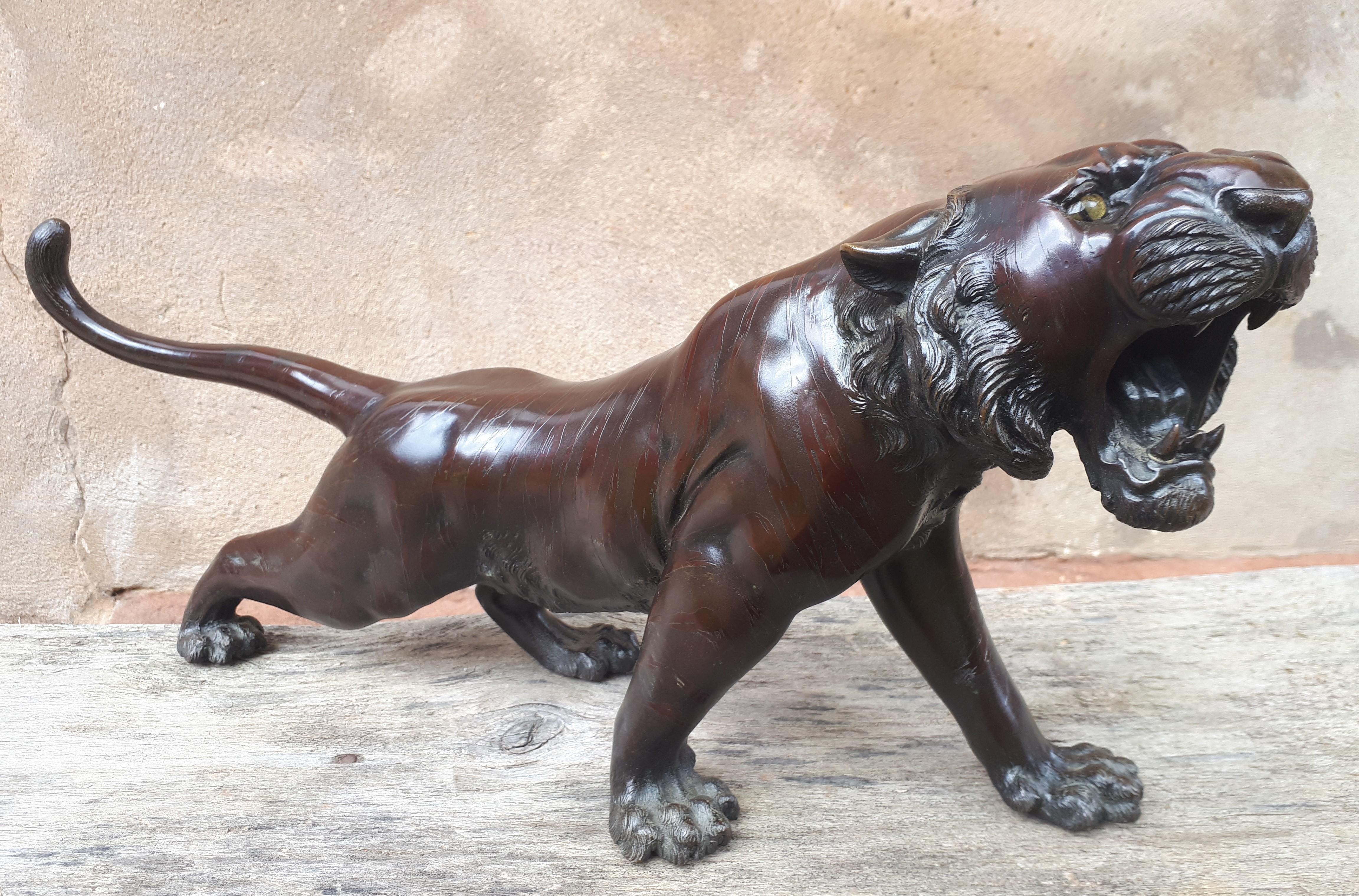 Okimono - Escultura de bronce de un tigre, Japón Era Meiji Patinado en venta