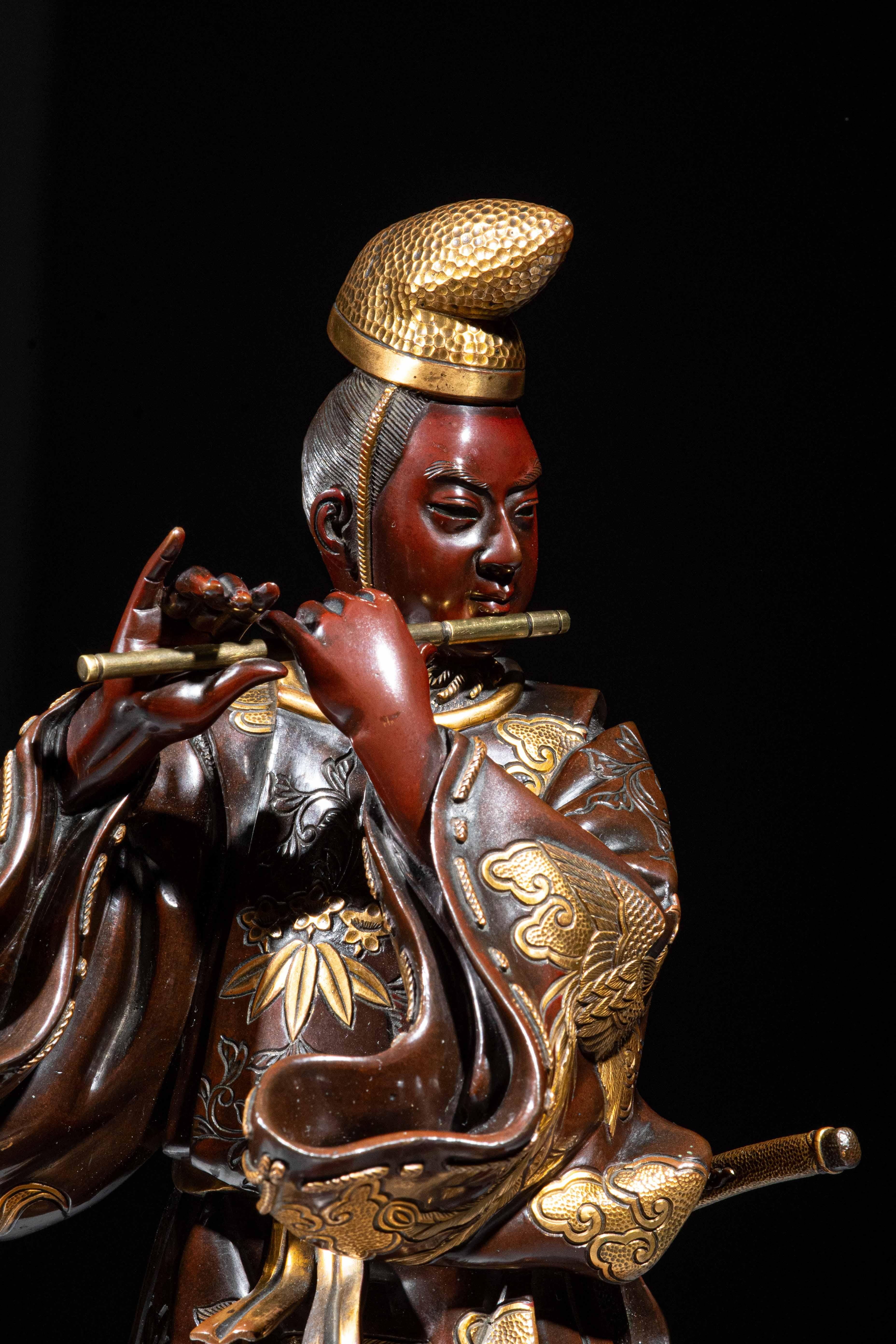 19th Century Okimono in bronzo raffigurante Fujiwara no Yasumasa firmato Miyao in vendita