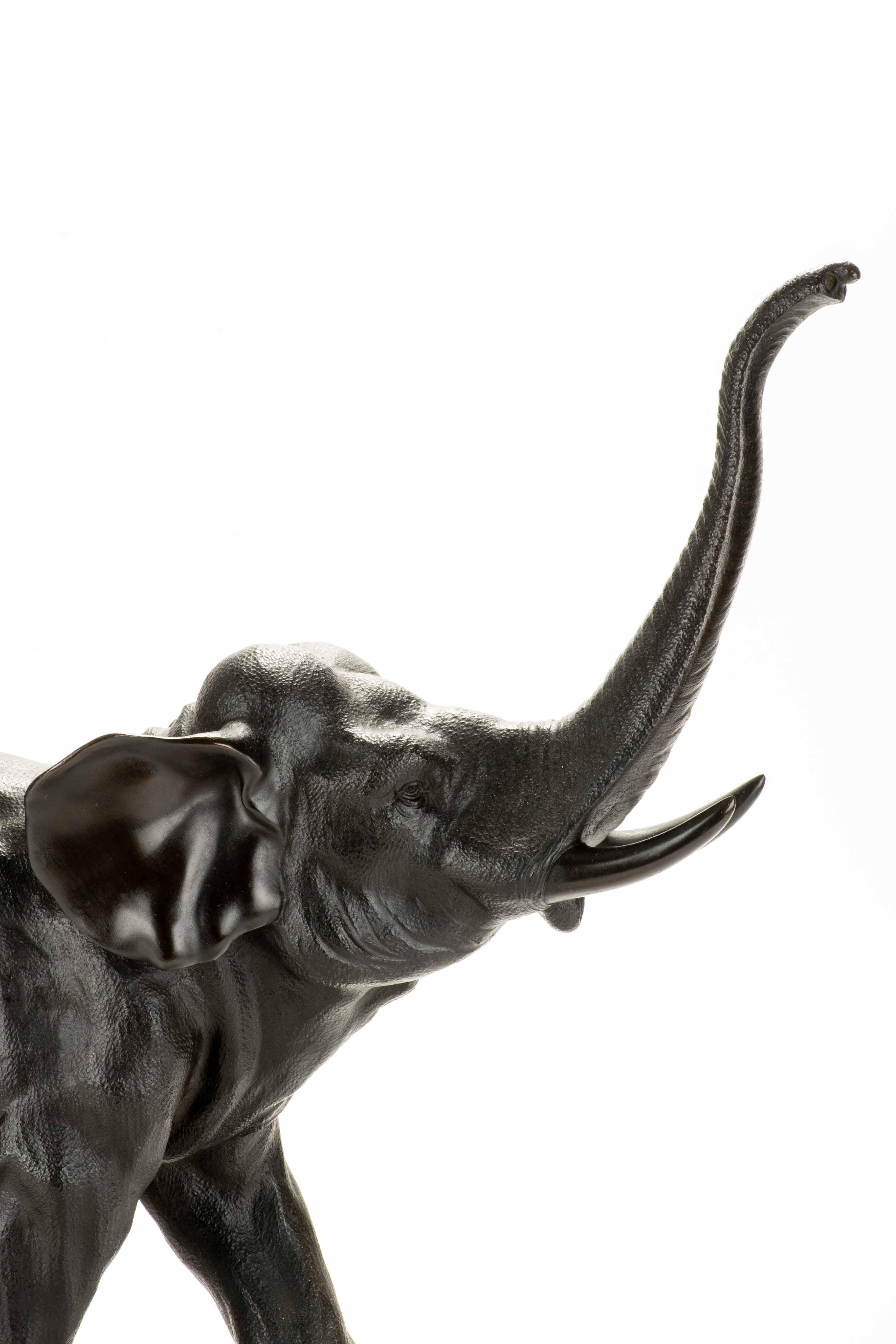Okimono en bronze représentant un majestueux éléphant courant, la trompe levée. La surface a une texture extrêmement réaliste, ce qui renforce sa profondeur et son dynamisme.

Signé sous la base.

Période : Meiji fin du 19ème siècle.
Dimensions : 44