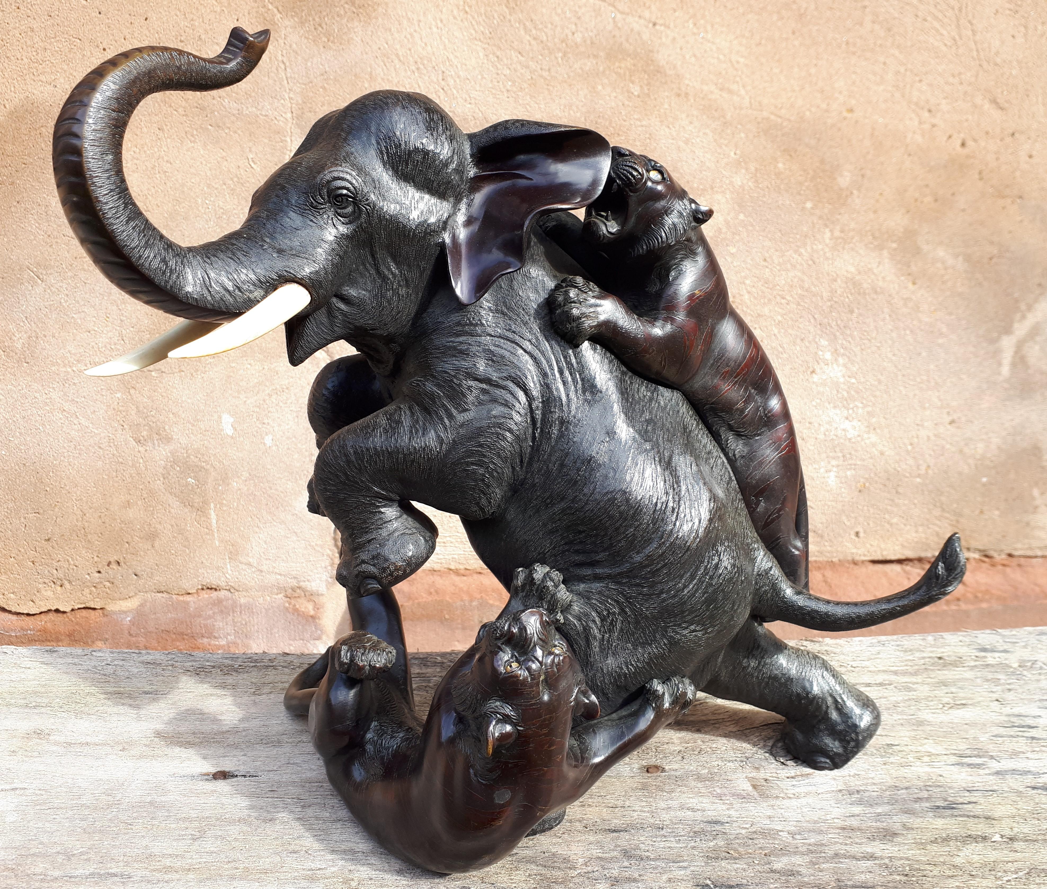 Wunderschöne Komposition für diesen Okimono aus Bronze mit doppelter Patina, der einen Elefanten darstellt, der von zwei Tigern angegriffen wird.
Die Häute der verschiedenen Tiere sind sehr detailliert und mit unterschiedlichen Techniken