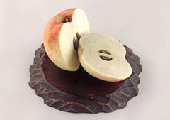 Okimono Set of Carved Red Apple-Shapped Ivory Figurines with a Wooden Brown Base