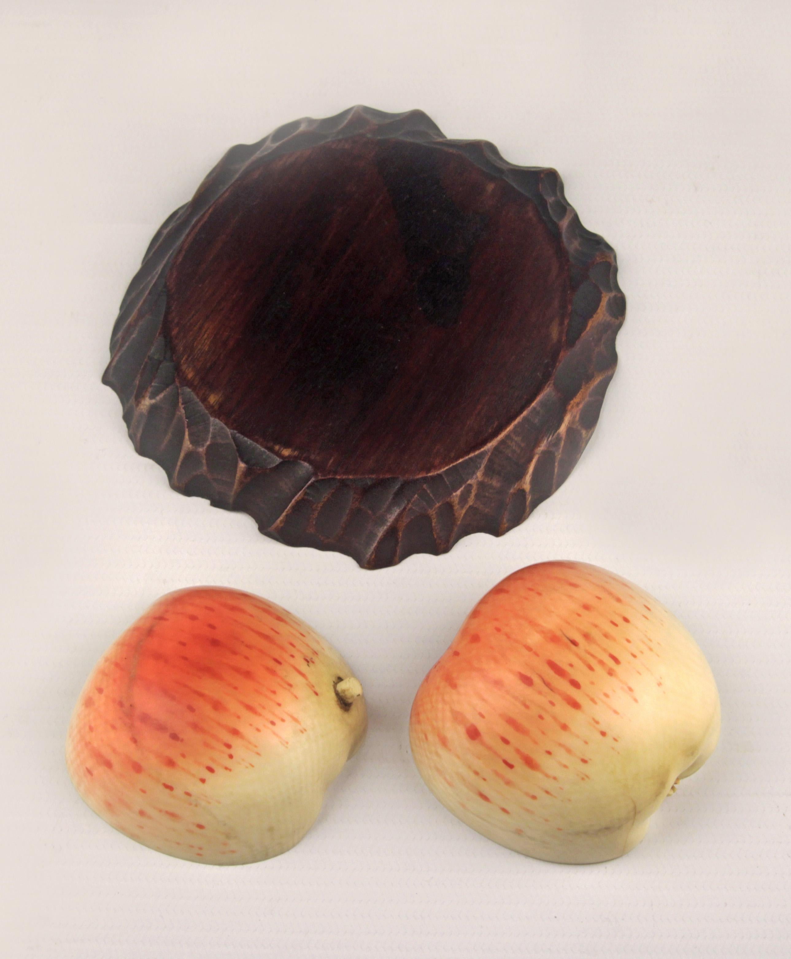 19th Century Okimono Set of Carved Red Apple-Shapped Ivory Figurines with a Wooden Brown Base For Sale