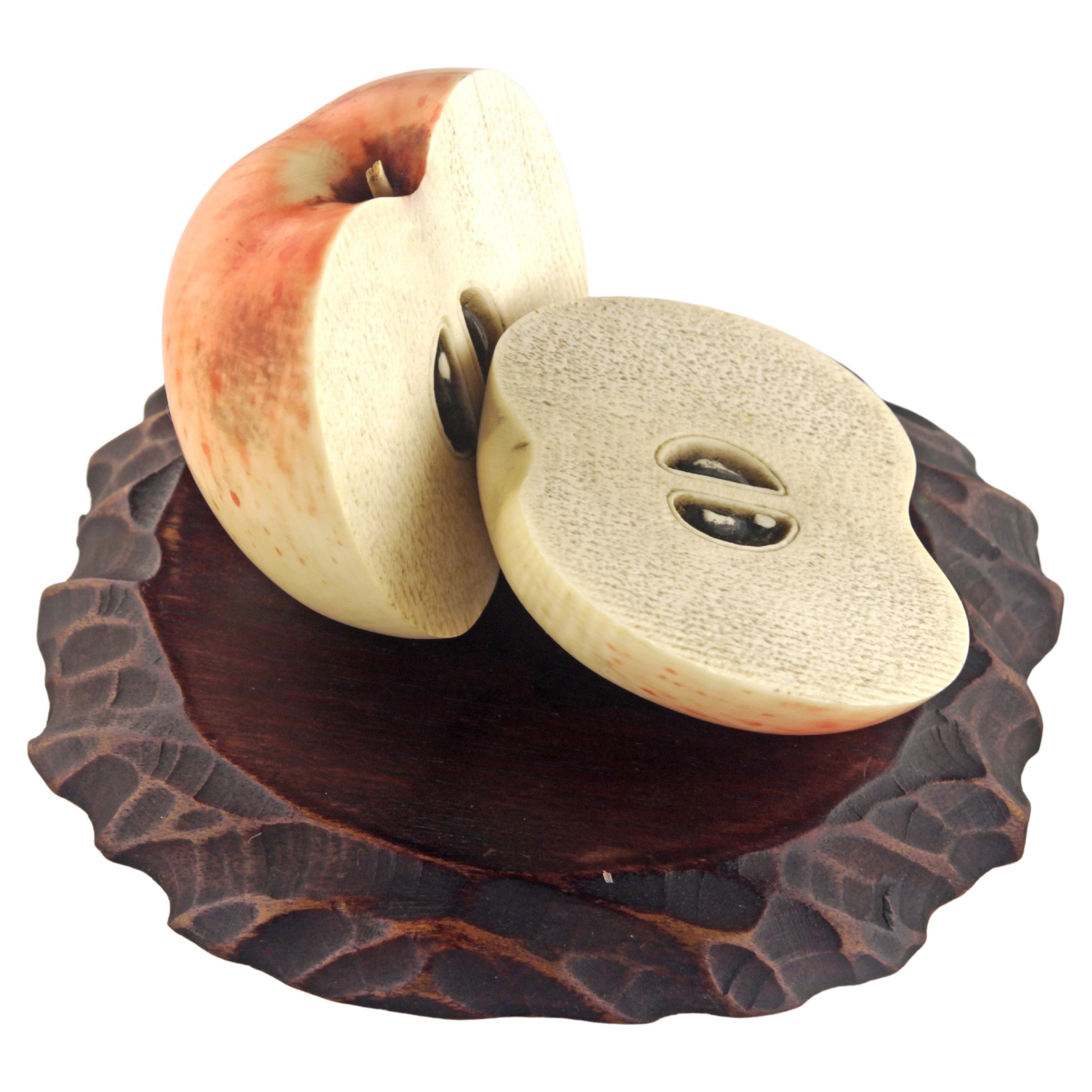 Okimono Set of Carved Red Apple-Shapped Ivory Figurines with a Wooden Brown Base For Sale