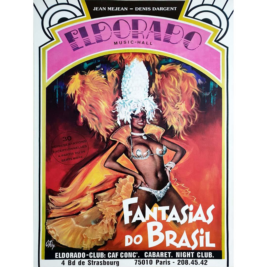 The original poster for "Fantasias do Brasil" at the Eldorado Music Hall by Okley stands as a vibrant and visually captivating piece of art that captures the essence of Brazilian music and culture. This poster, created to promote the event, not only