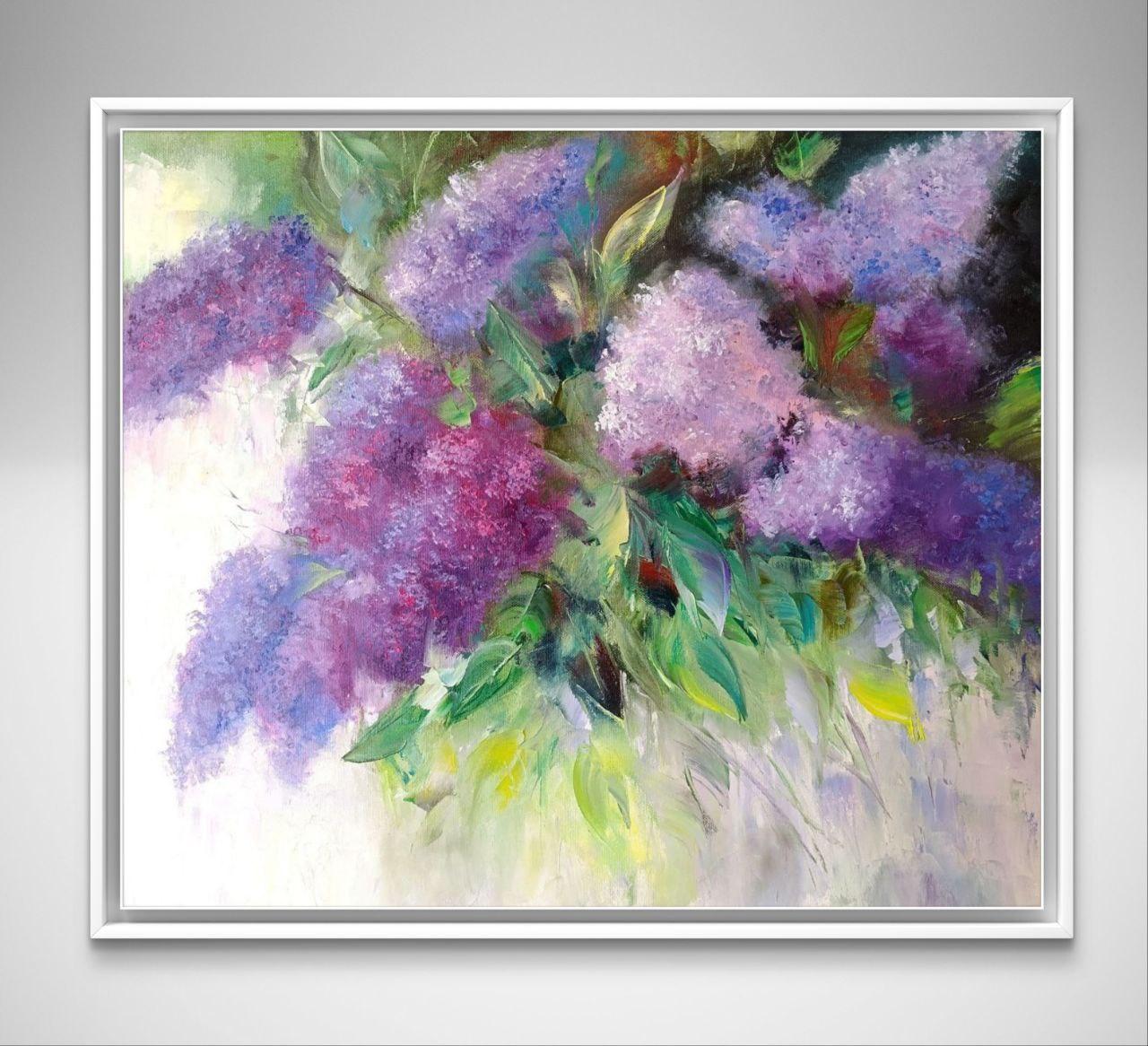Flieder. Florales Originalgemälde (Grau), Interior Painting, von Oksana