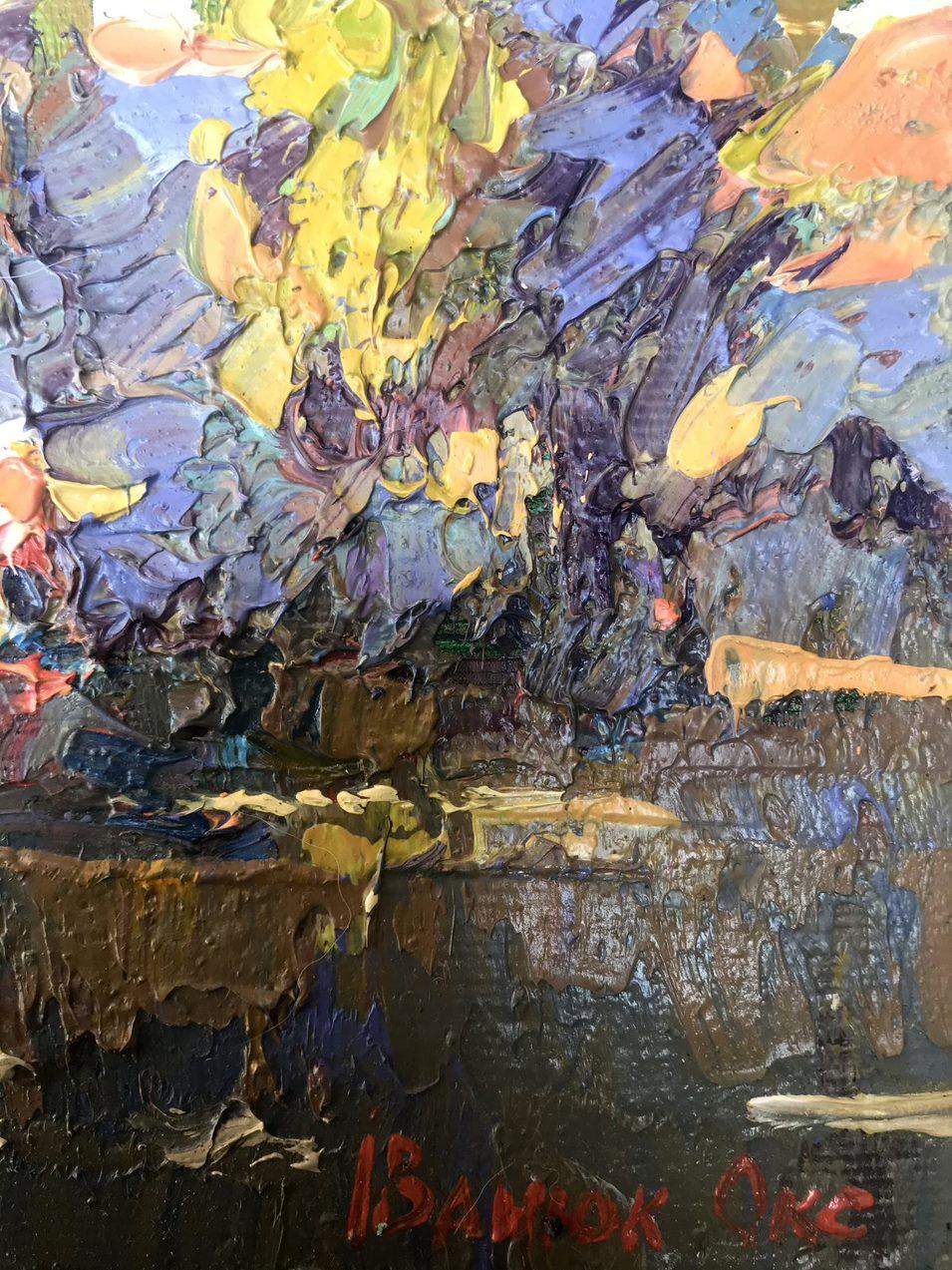 Artist: Oksana Kalenyuk 
Work: Original oil painting, handmade artwork, one of a kind 
Medium: Oil on canvas 
Year: 2023
Style: Impressionism
Title: Above the River
Size: 6
