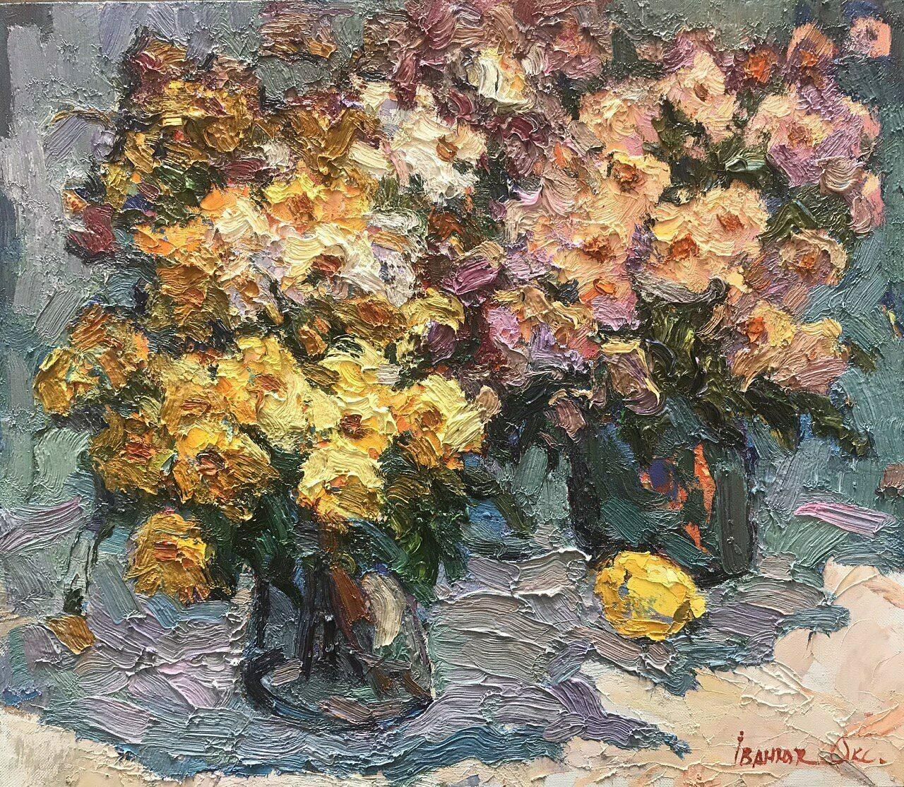 Fleurs d'automne, Nature morte, Impressionnisme, Peinture à l'huile originale, Prête à être accrochée