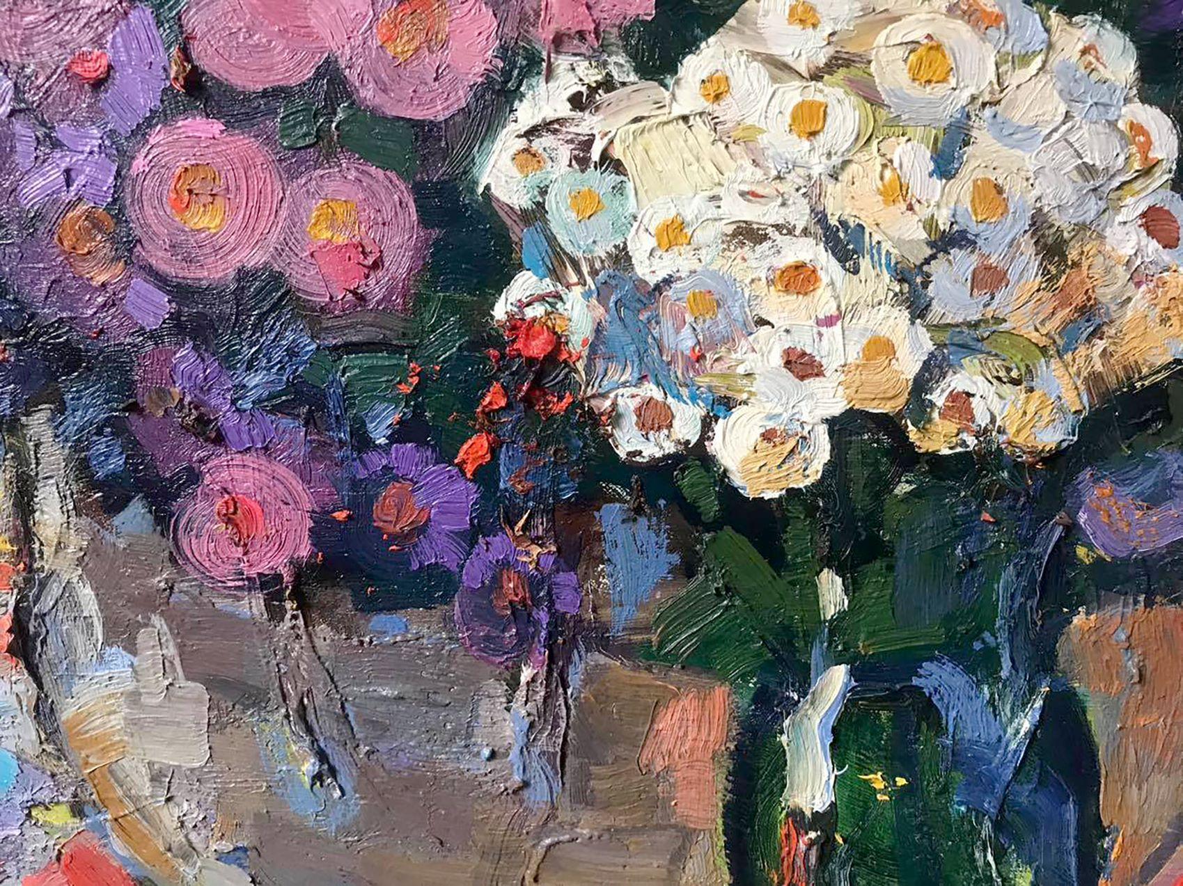 Big Bouquet of Autumn Flowers, Still Life, Original oil Painting, Ready to Hang - Gray Still-Life Painting by Oksana Kalenyuk