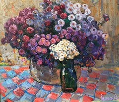 Big Bouquet of Autumn Flowers, Still Life, Original oil Painting, Ready to Hang