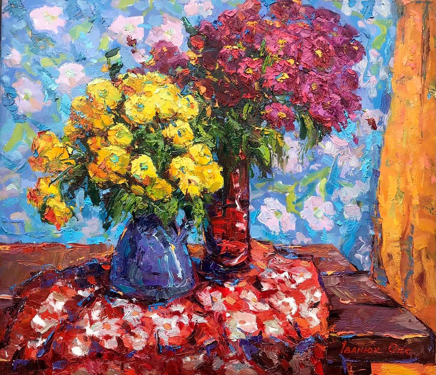 Chrysanthèmes, fleurs, nature morte, peinture à l'huile originale, prête à être accrochée