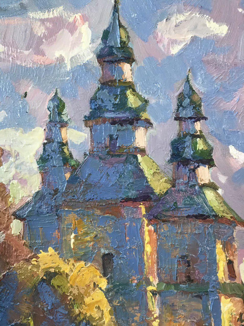 Chiesa di Santa Trinità a Pustoviytivk, Pittura ad olio originale, pronta da appendere - Painting Impressionismo di Oksana Kalenyuk