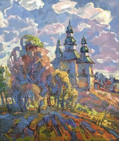 Church of St. Trinity village Pustoviytivk, Original oil Painting, Ready to Hang
