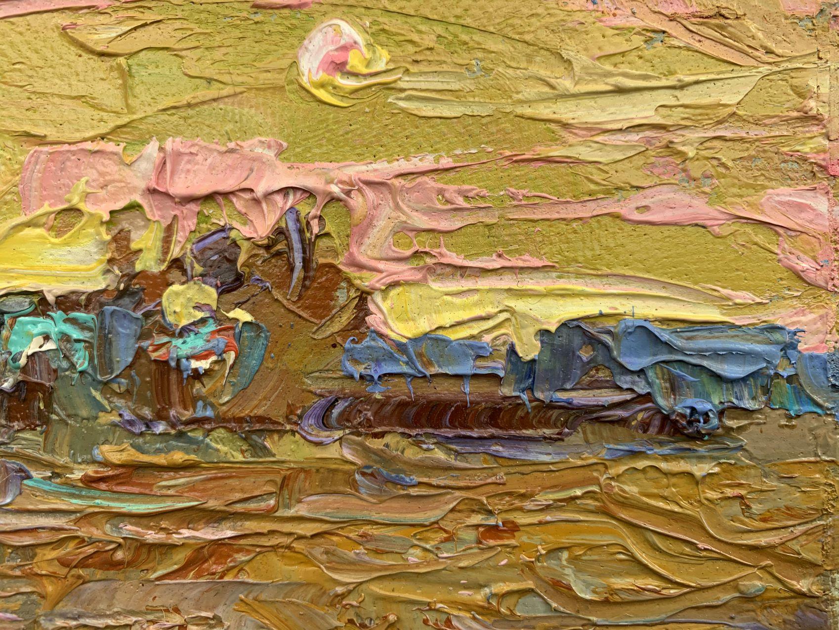 Künstlerin: Oksana Kalenyuk 
Werk: Original-Ölgemälde, handgefertigtes Kunstwerk, ein Unikat 
Medium: Öl auf Leinwand 
Jahr: 2021
Stil: Impressionismus
Titel: Der Abend ist gekommen
Größe: 6