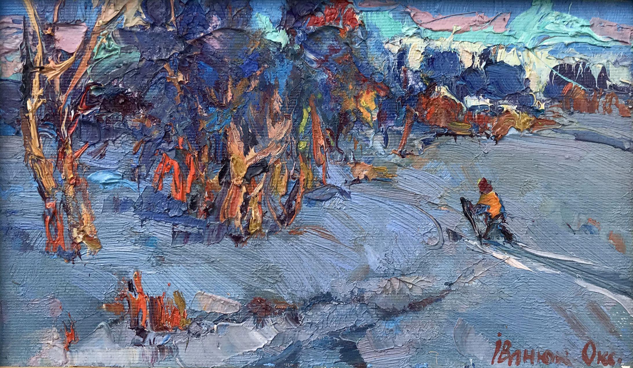 Landscape Painting Oksana Kalenyuk - Road du soir, arbres, hiver, peinture à l'huile originale, prête à accrocher